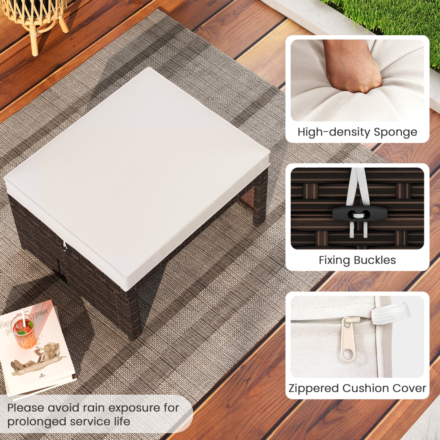 Gymax Set of 2 Patio PE Rattan Ottomans w/ Soft Zippered Cushions for Deck Outdoor