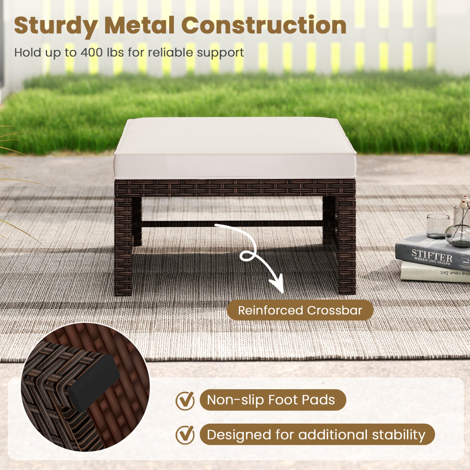 Gymax Set of 2 Patio PE Rattan Ottomans w/ Soft Zippered Cushions for Deck Outdoor