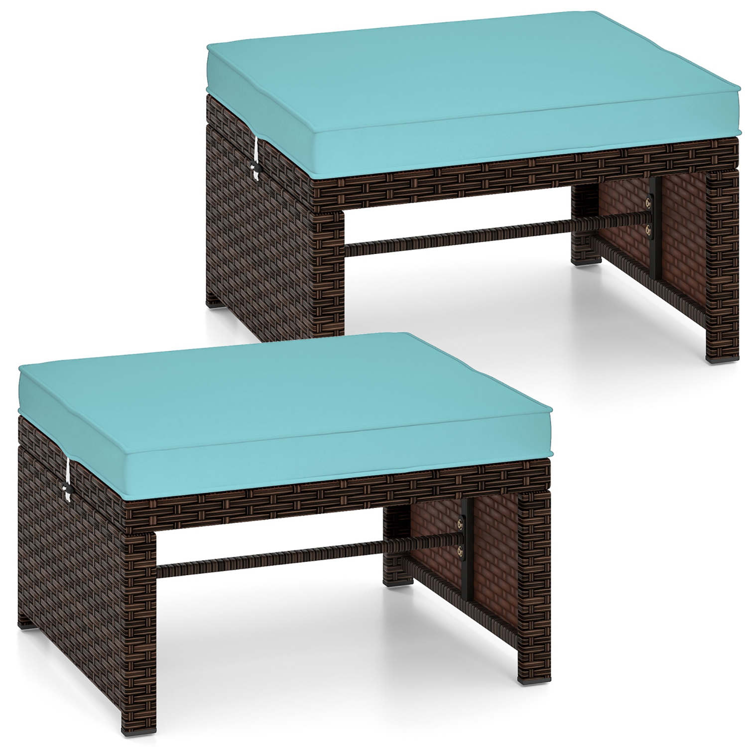 Gymax Set of 2 Patio PE Rattan Ottomans w/ Soft Zippered Cushions for Deck Outdoor