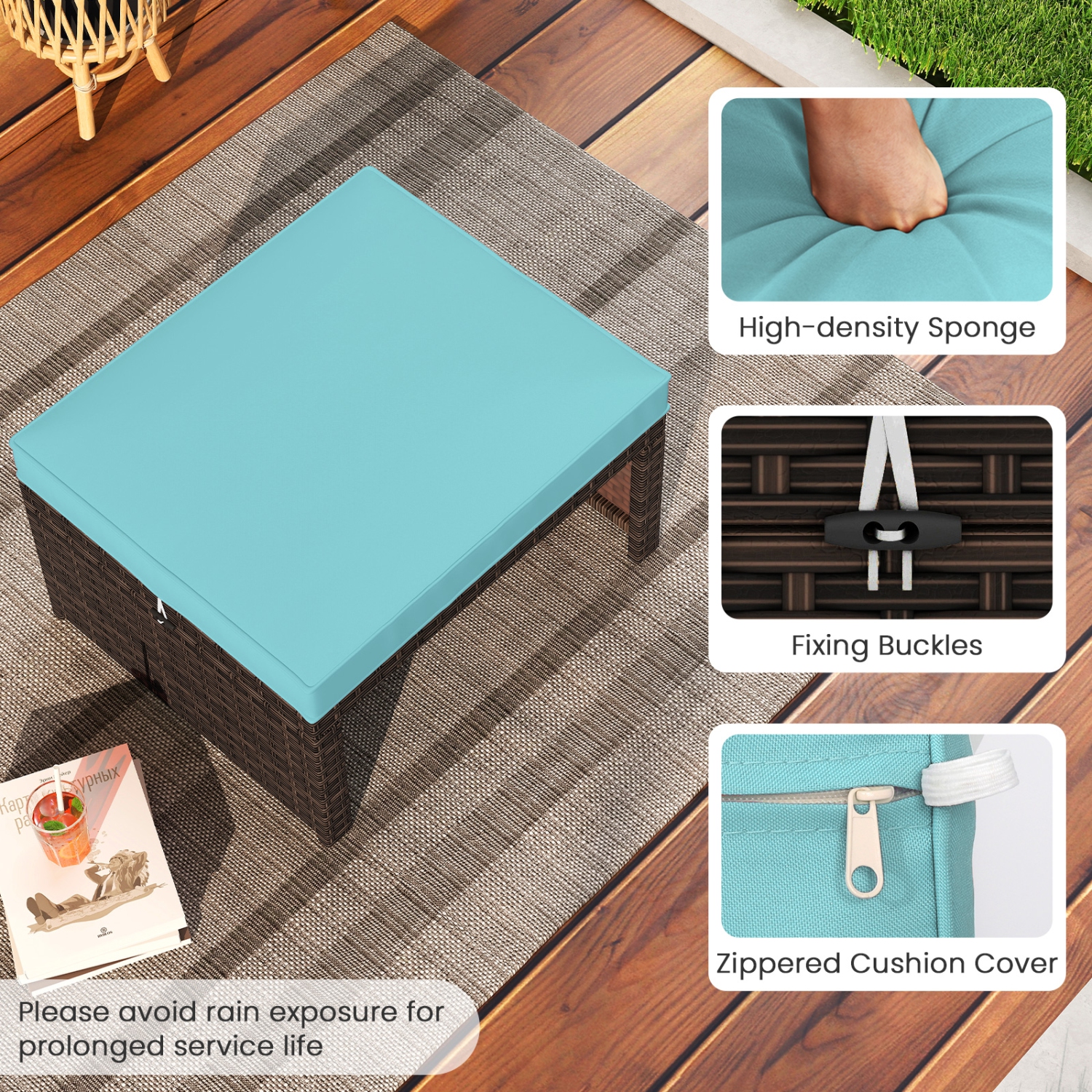 Gymax Set of 2 Patio PE Rattan Ottomans w/ Soft Zippered Cushions for Deck Outdoor