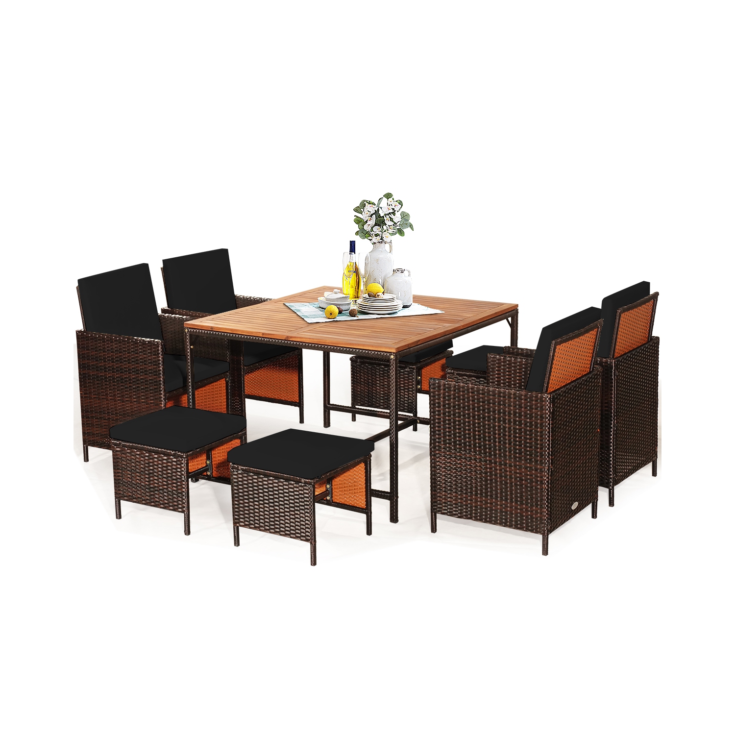 Gymax Set Of 9 Patio Rattan Dining Set Cushioned Chairs Ottoman Wood Table Top Black
