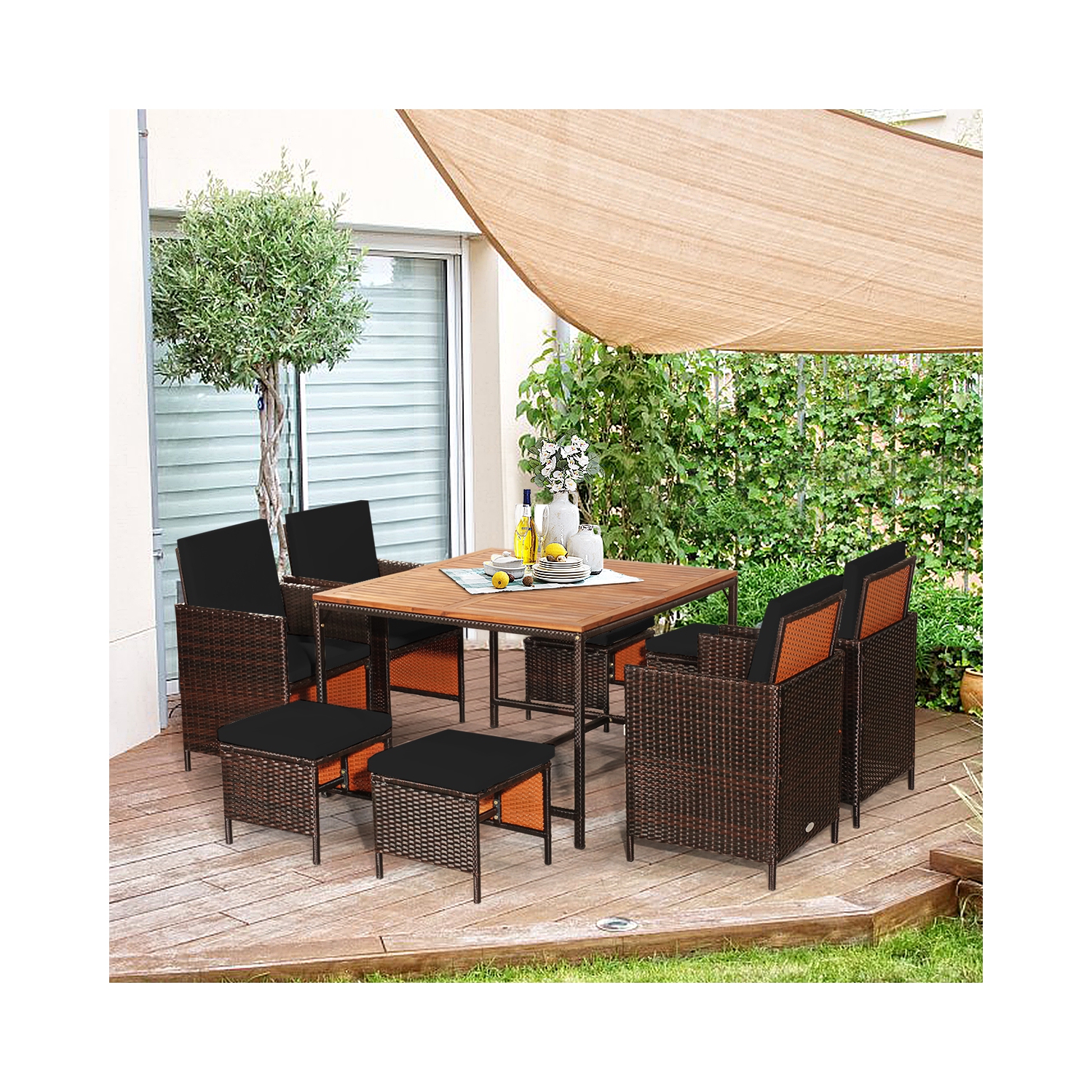 Gymax Set Of 9 Patio Rattan Dining Set Cushioned Chairs Ottoman Wood Table Top Black