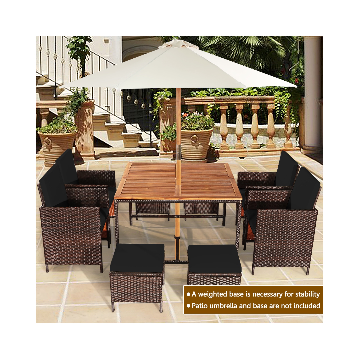 Gymax Set Of 9 Patio Rattan Dining Set Cushioned Chairs Ottoman Wood Table Top Black