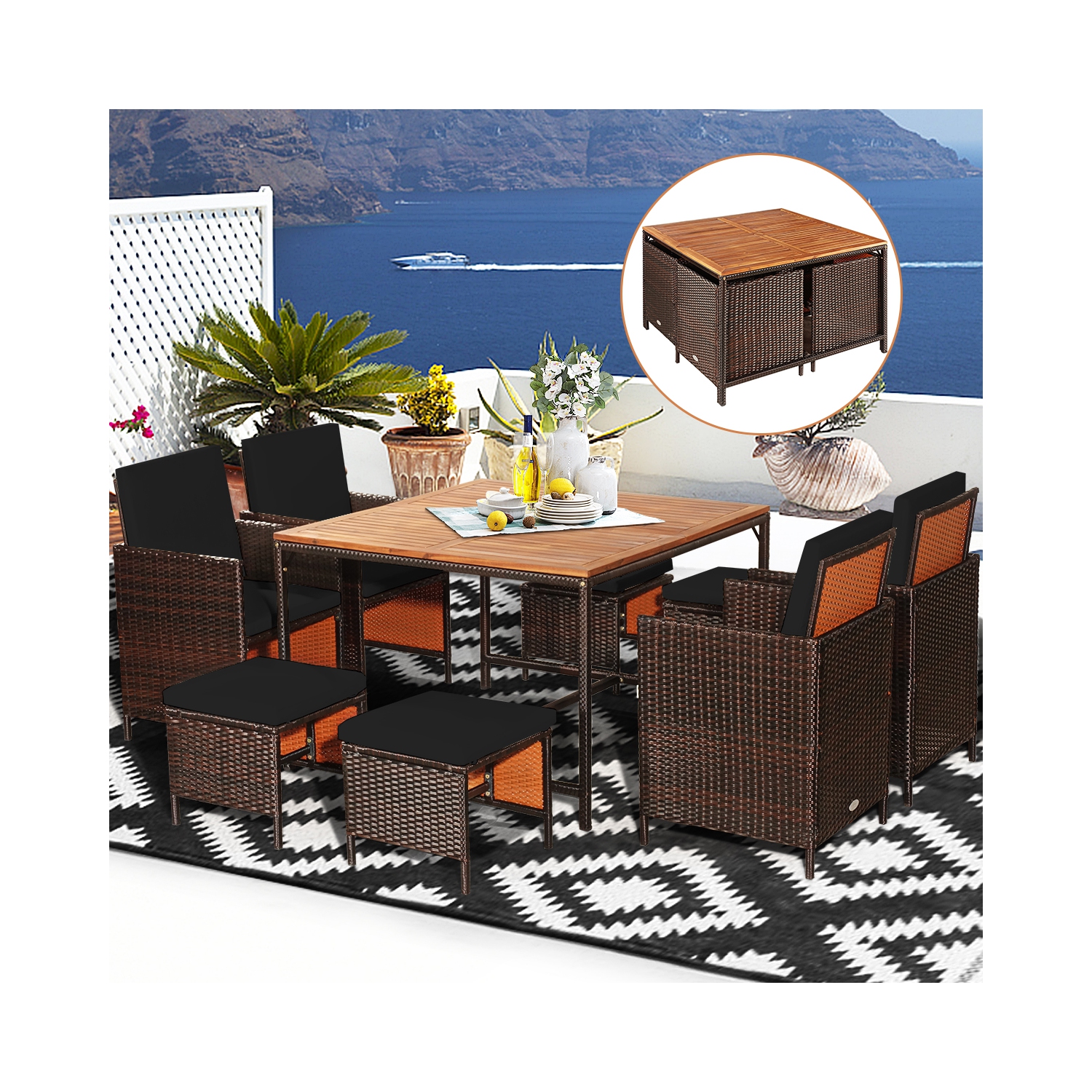 Gymax Set Of 9 Patio Rattan Dining Set Cushioned Chairs Ottoman Wood Table Top Black