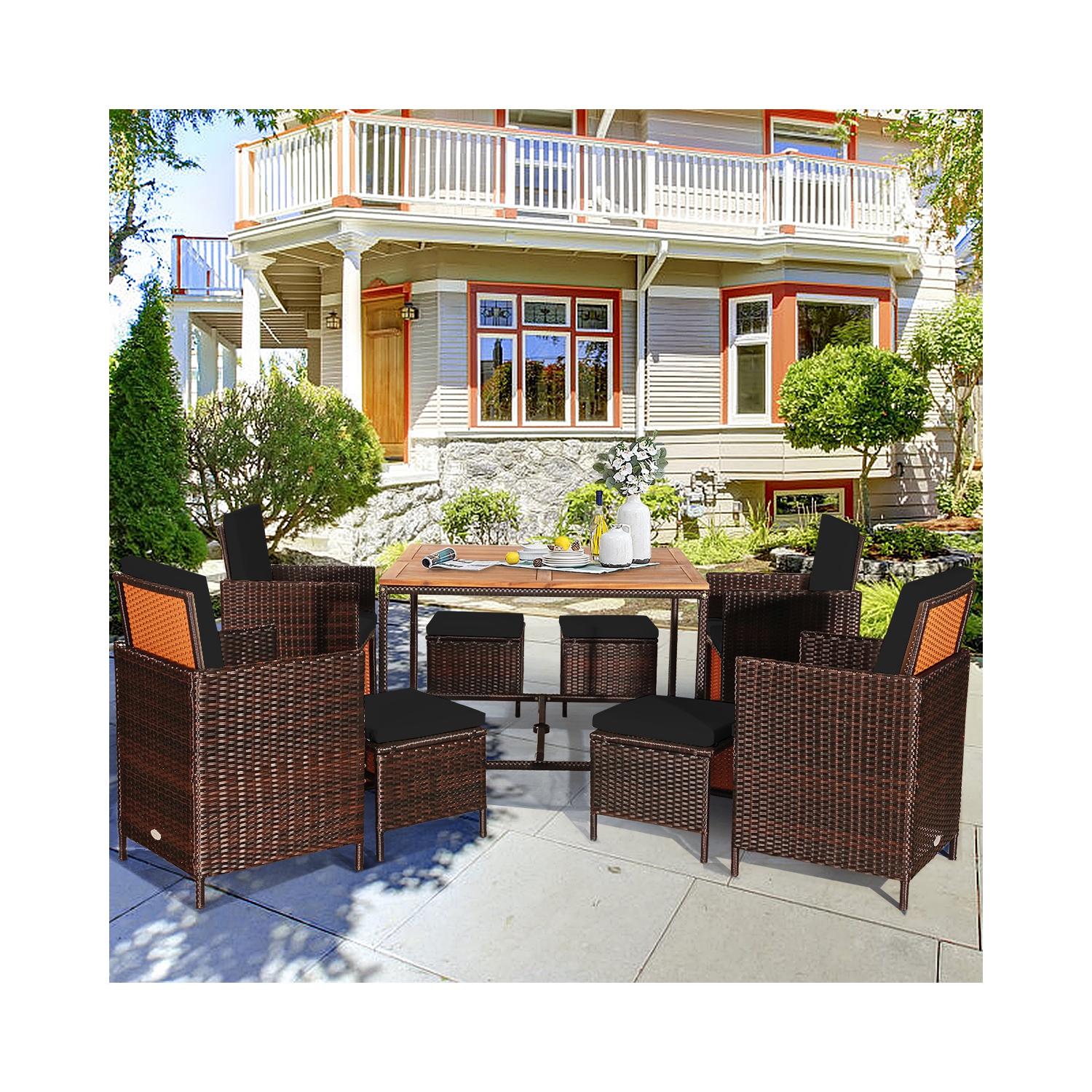 Gymax Set Of 9 Patio Rattan Dining Set Cushioned Chairs Ottoman Wood Table Top Black