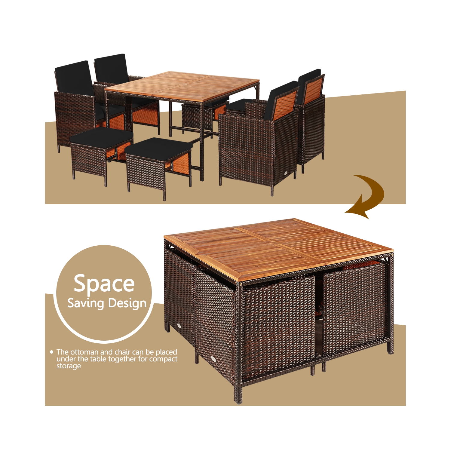 Gymax Set Of 9 Patio Rattan Dining Set Cushioned Chairs Ottoman Wood Table Top Black