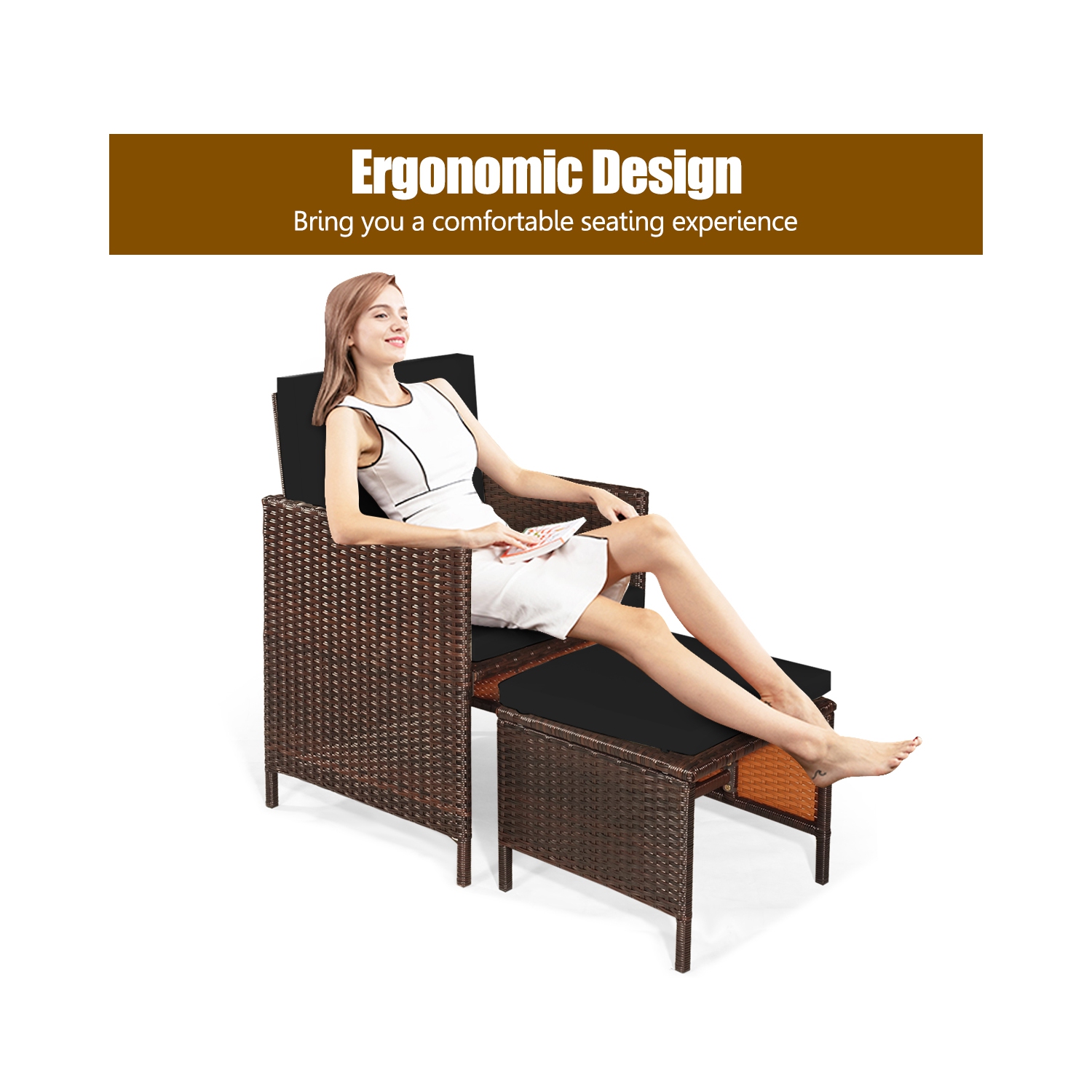 Gymax Set Of 9 Patio Rattan Dining Set Cushioned Chairs Ottoman Wood Table Top Black