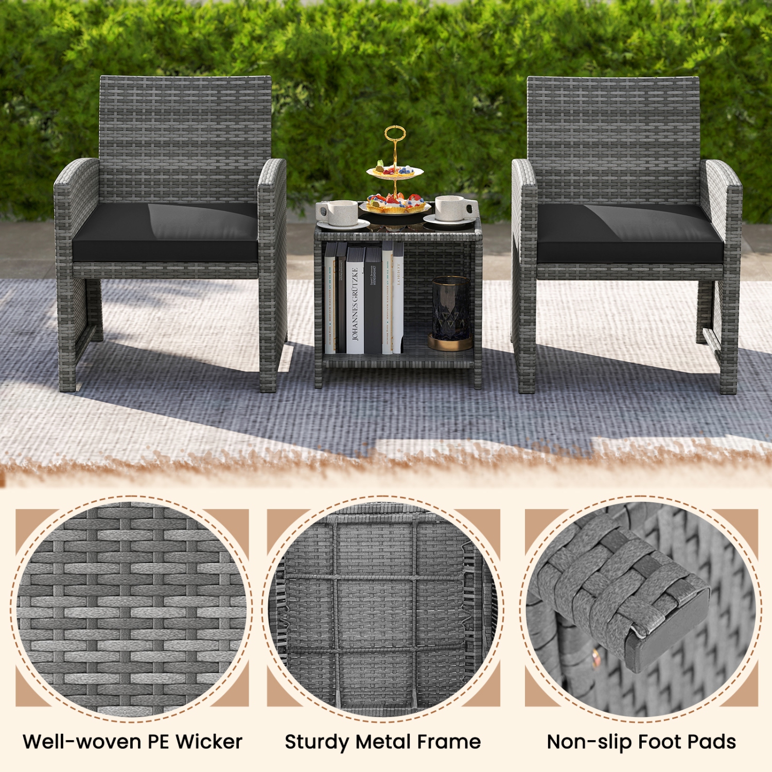 Gymax 3 Pieces Patio Furniture Set PE Rattan Chairs Set w/ Storage Coffee Table
