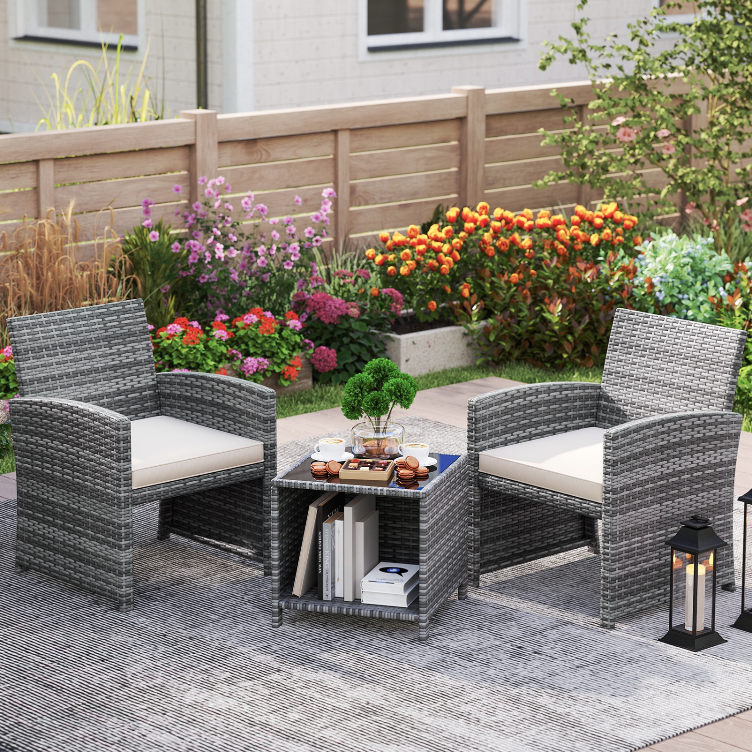 Gymax 3 Pieces Patio Furniture Set PE Rattan Chairs Set w/ Storage Coffee Table