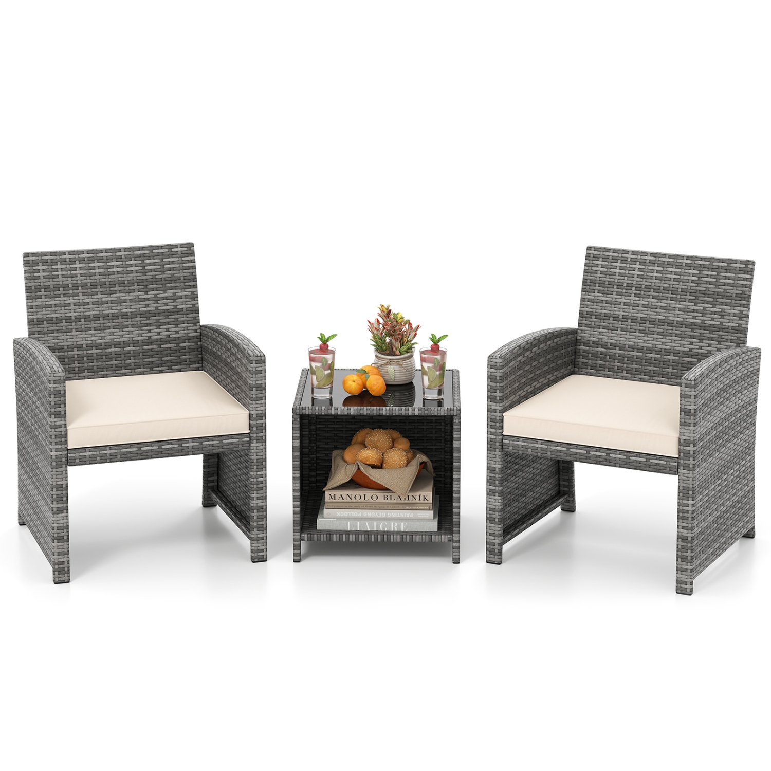 Gymax 3 Pieces Patio Furniture Set PE Rattan Chairs Set w/ Storage Coffee Table