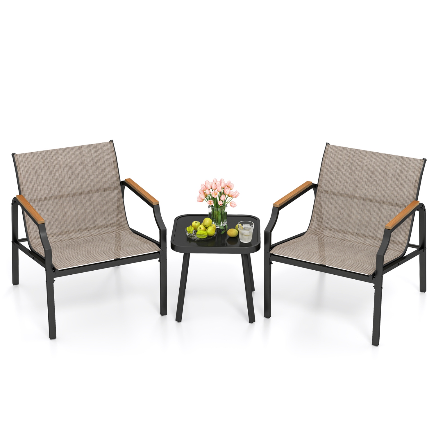 Gymax 3 PCS Outdoor Chair Set Metal Frame Armchair & Table w/ Breathable Fabric Seat
