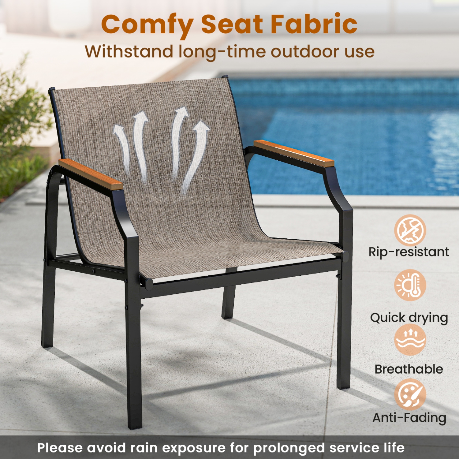 Gymax 3 PCS Outdoor Chair Set Metal Frame Armchair & Table w/ Breathable Fabric Seat