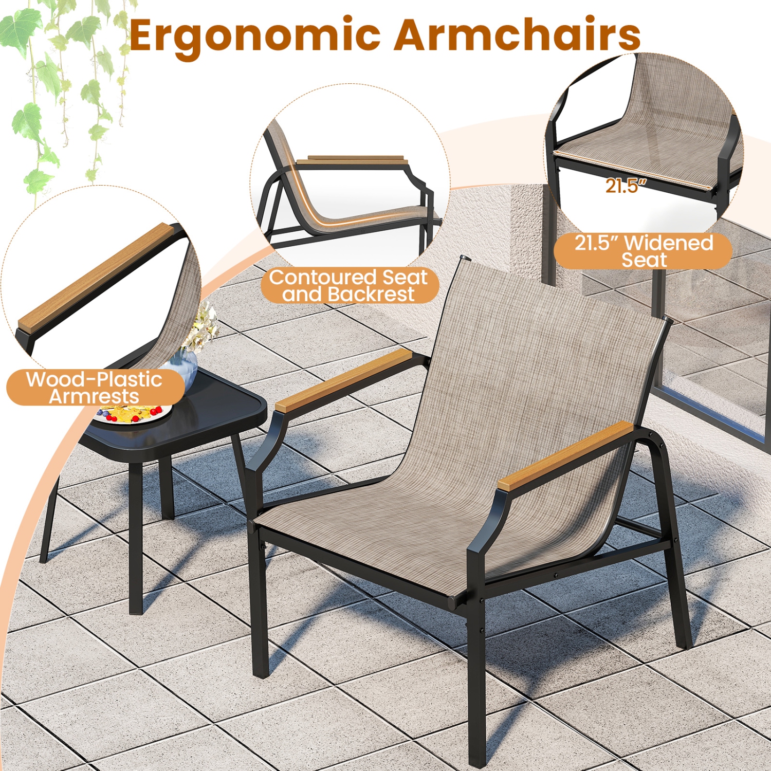 Gymax 3 PCS Outdoor Chair Set Metal Frame Armchair & Table w/ Breathable Fabric Seat