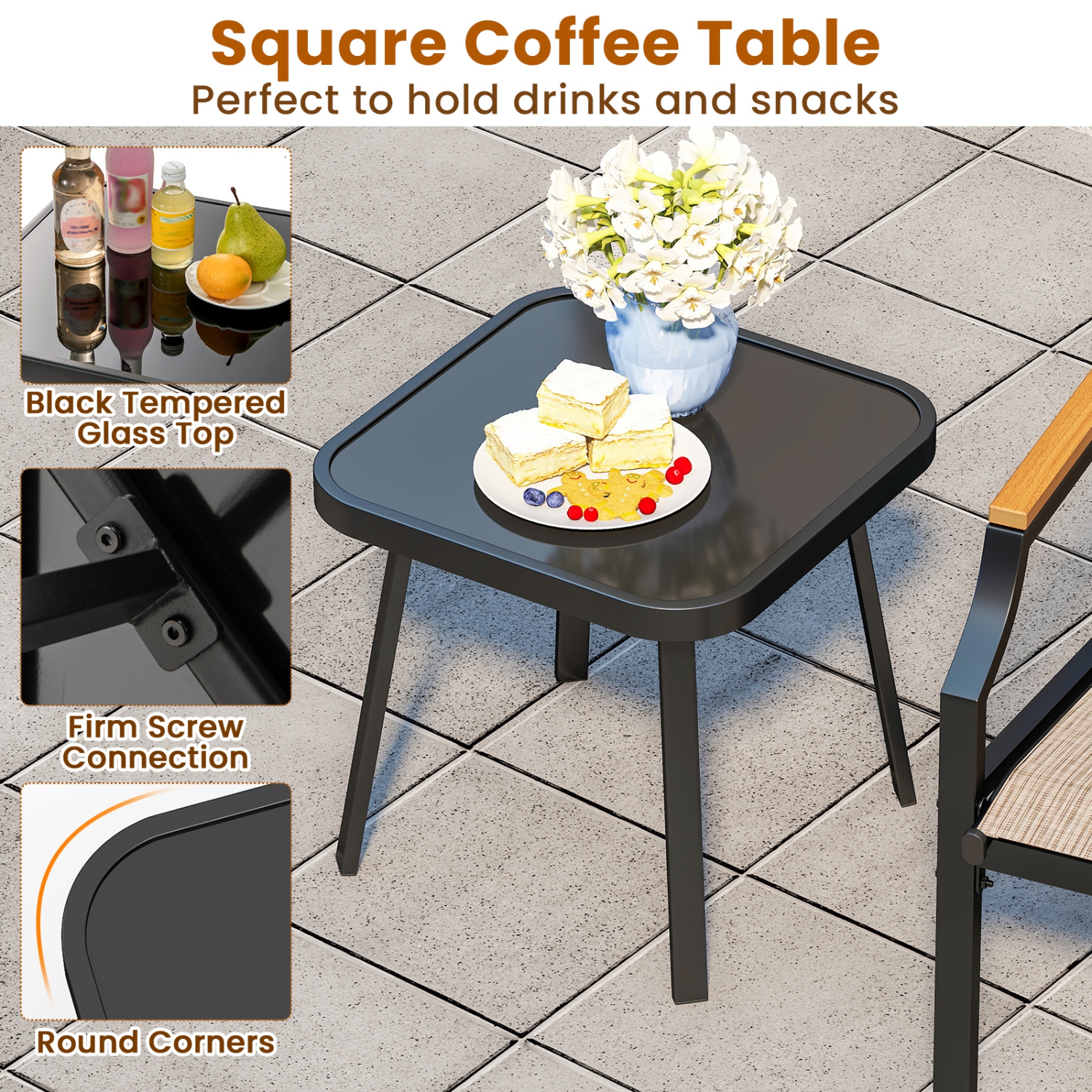 Gymax 3 PCS Outdoor Chair Set Metal Frame Armchair & Table w/ Breathable Fabric Seat