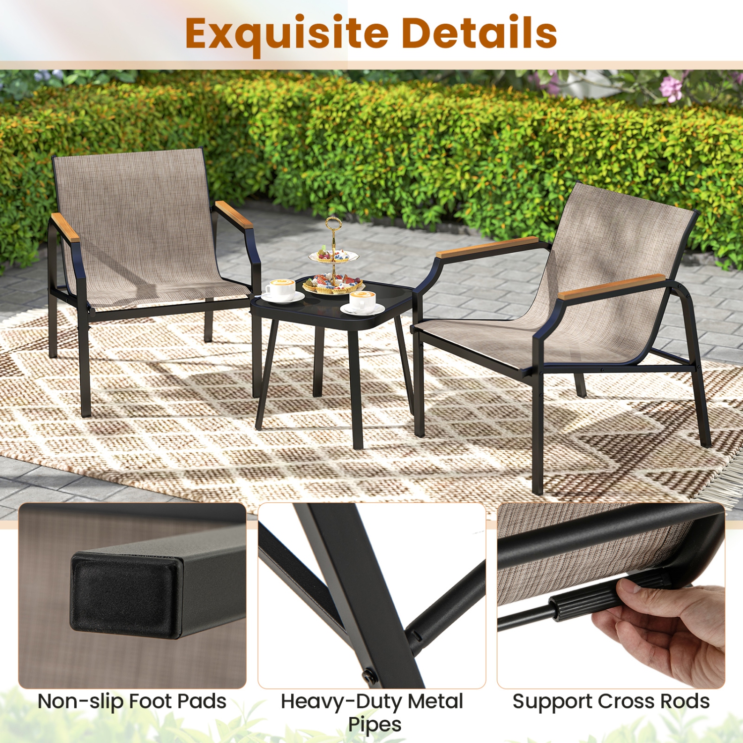 Gymax 3 PCS Outdoor Chair Set Metal Frame Armchair & Table w/ Breathable Fabric Seat