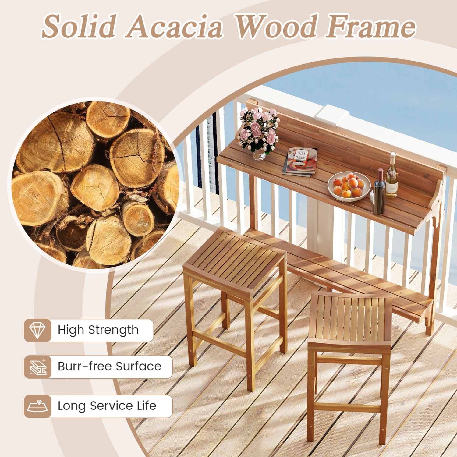 Gymax 6 PCS Acacia Wood Balcony Table Set w/ Shelf Footrest Curved Wood Seat