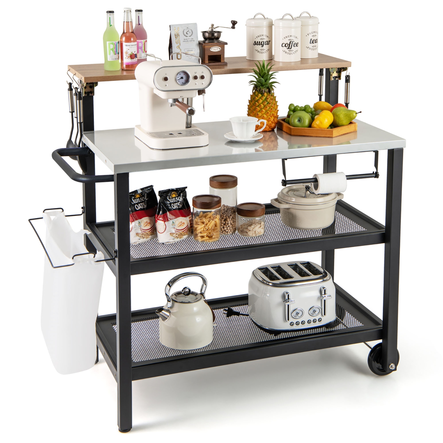Gymax Rolling Bar Cart w/ Flip-up Table Hooks Paper Towel Holder Trash Bag Holder