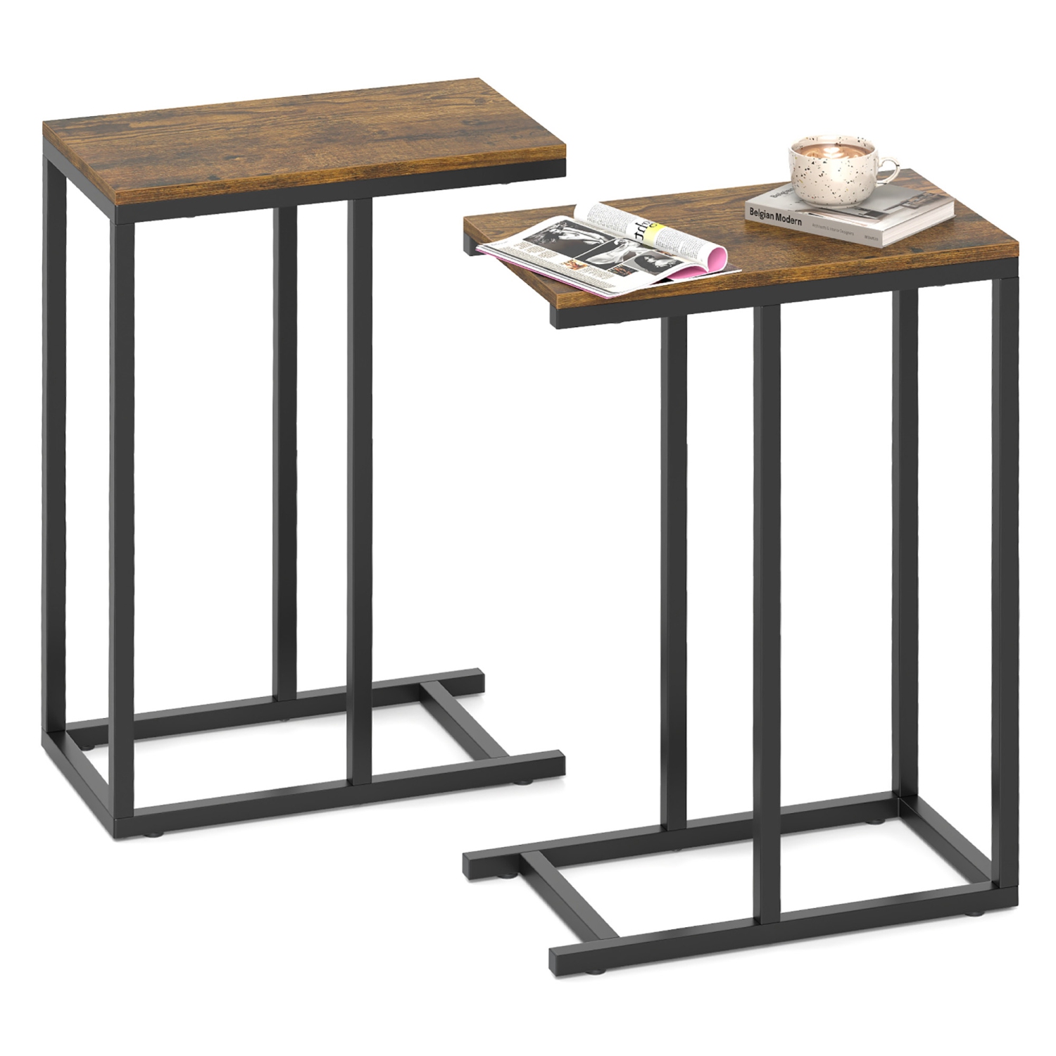 Gymax C-shaped End Table Modern Sofa Side Table w/ Adjustable Foot Pads Rustic