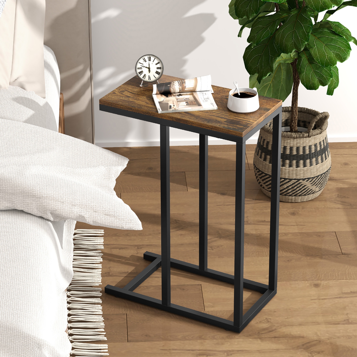 Gymax C-shaped End Table Modern Sofa Side Table w/ Adjustable Foot Pads Rustic