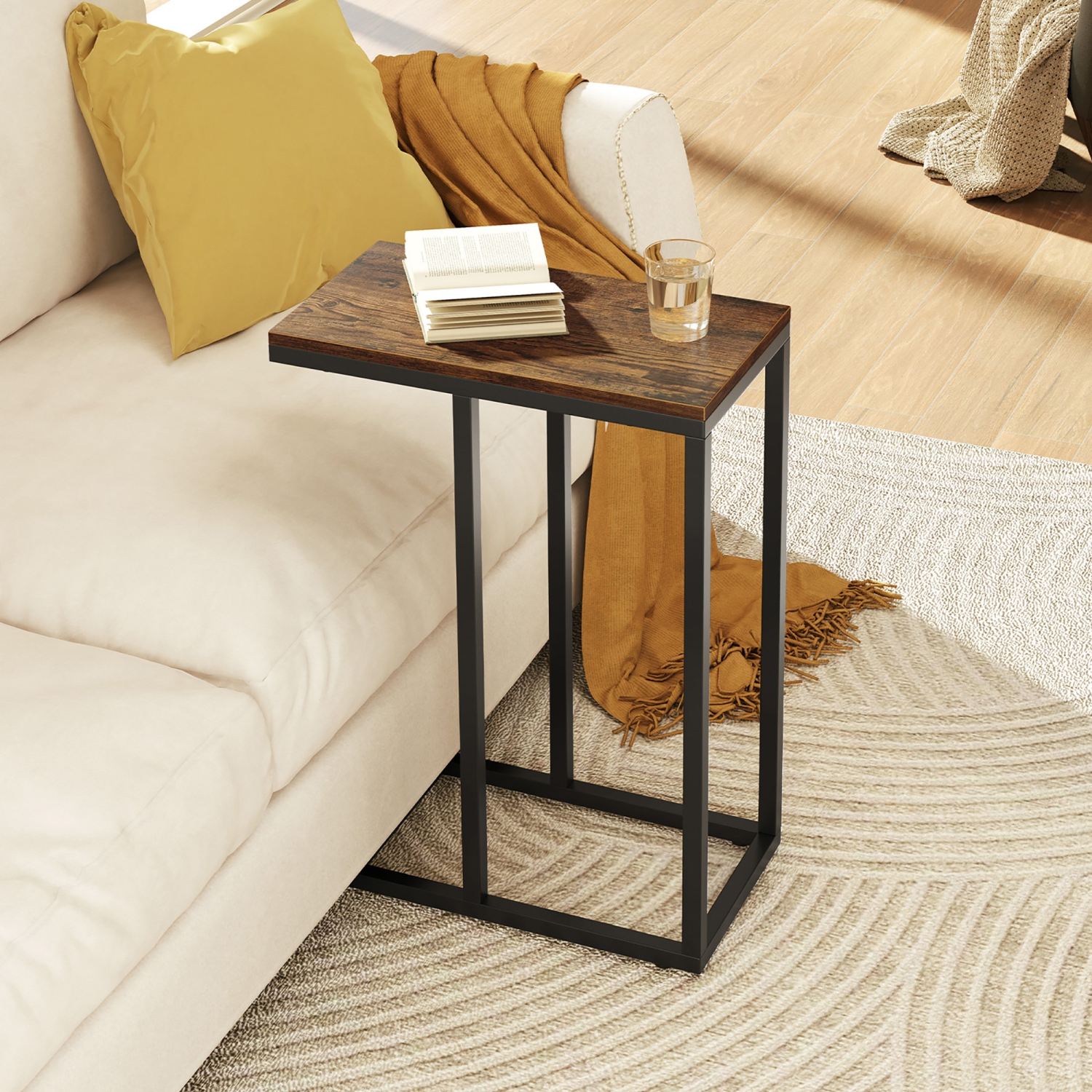 Gymax C-shaped End Table Modern Sofa Side Table w/ Adjustable Foot Pads Rustic