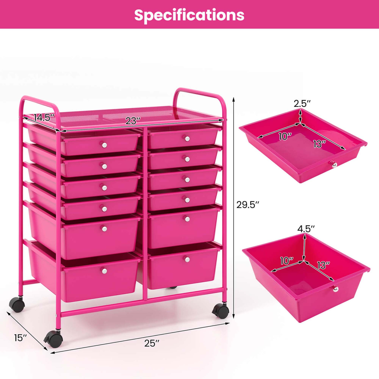 Gymax 12-Drawer Rolling Storage Cart w/ 2 Sizes Plastic Drawers Hot Pink