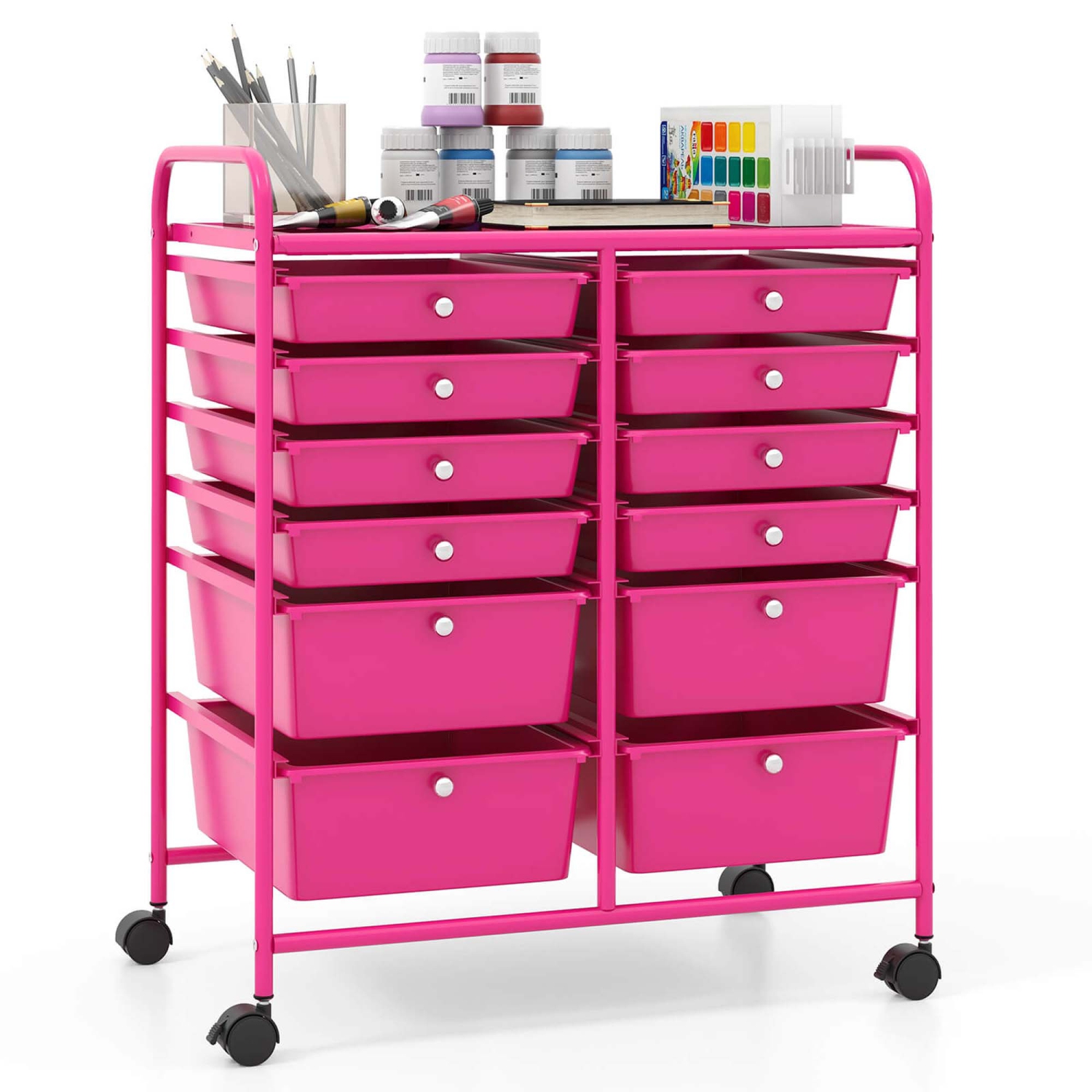 Gymax 12-Drawer Rolling Storage Cart w/ 2 Sizes Plastic Drawers Hot Pink