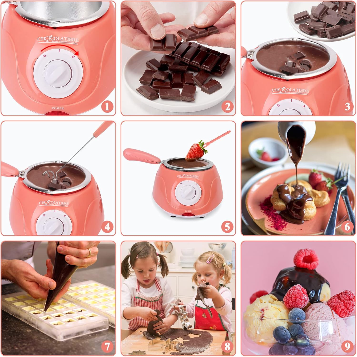 Set de fondue de chocolate 2 en 1 con olla extraíble, molde y accesorios de bricolaje, perfecto para fiestas infantiles y noches de postres.