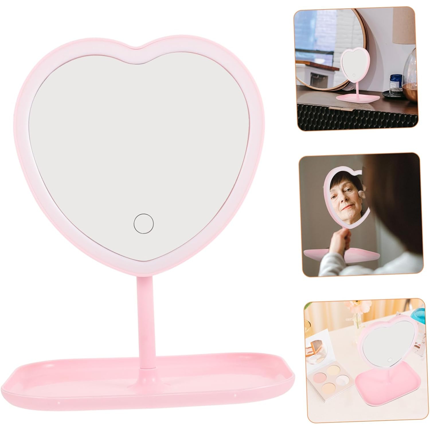 Heart-shaped mirror light LED table lamp mirror small size beautiful decoration USB rechargeable makeup - pink