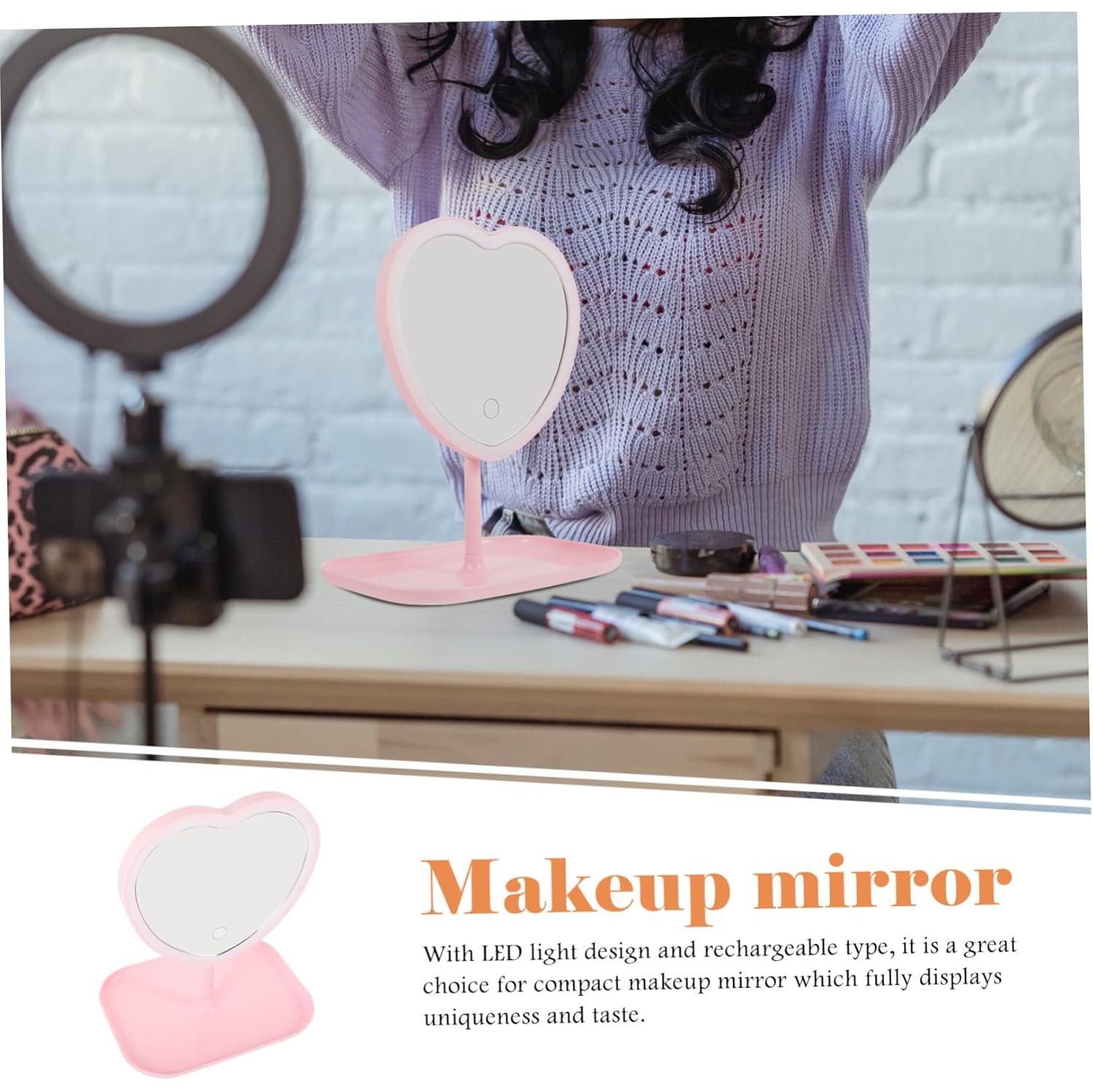 Heart-shaped mirror light LED table lamp mirror small size beautiful decoration USB rechargeable makeup - pink