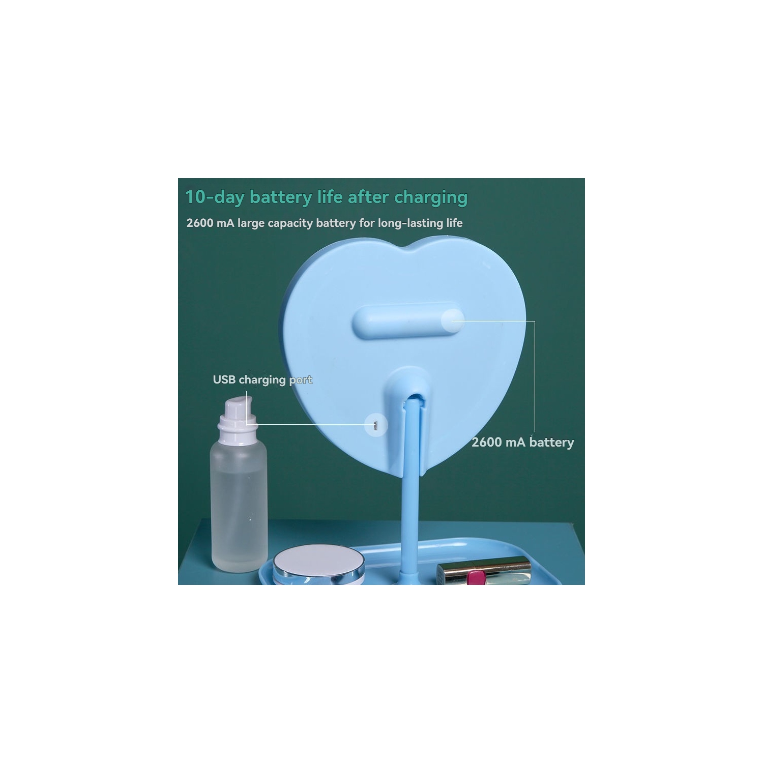 Heart-shaped mirror light LED table lamp mirror small size beautiful decoration USB rechargeable makeup - pink