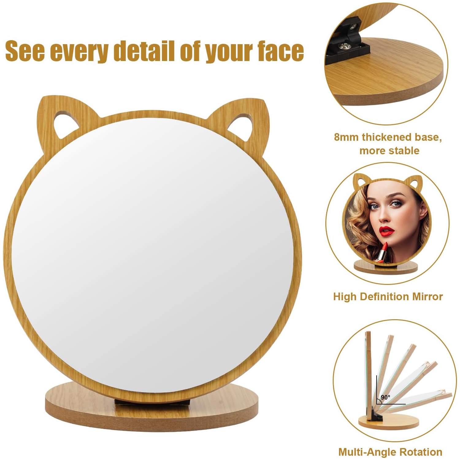 Miroir de maquillage avec base en bois, petit miroir en forme d'oreille de chat créative, miroir pliant à angle réglable adapté à la table