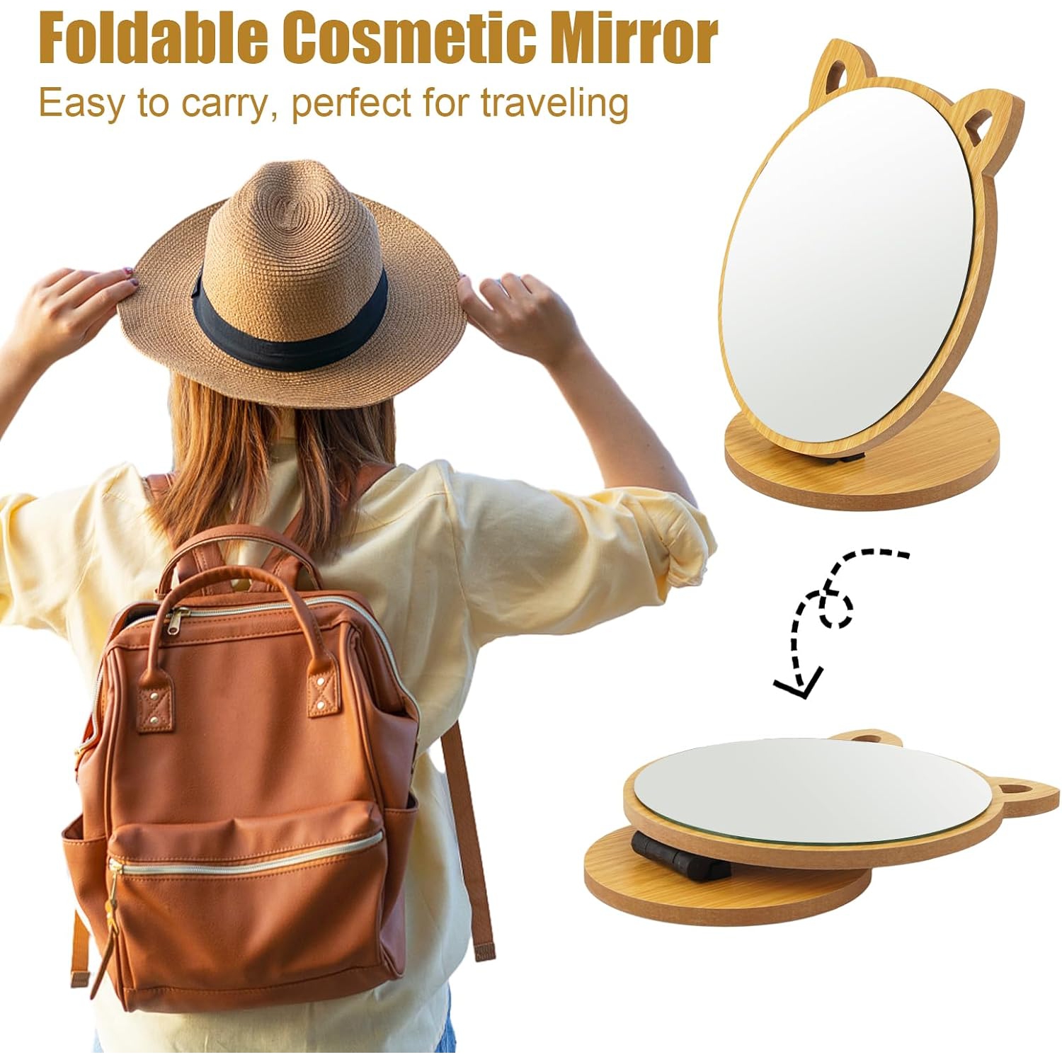 Miroir de maquillage avec base en bois, petit miroir en forme d'oreille de chat créative, miroir pliant à angle réglable adapté à la table