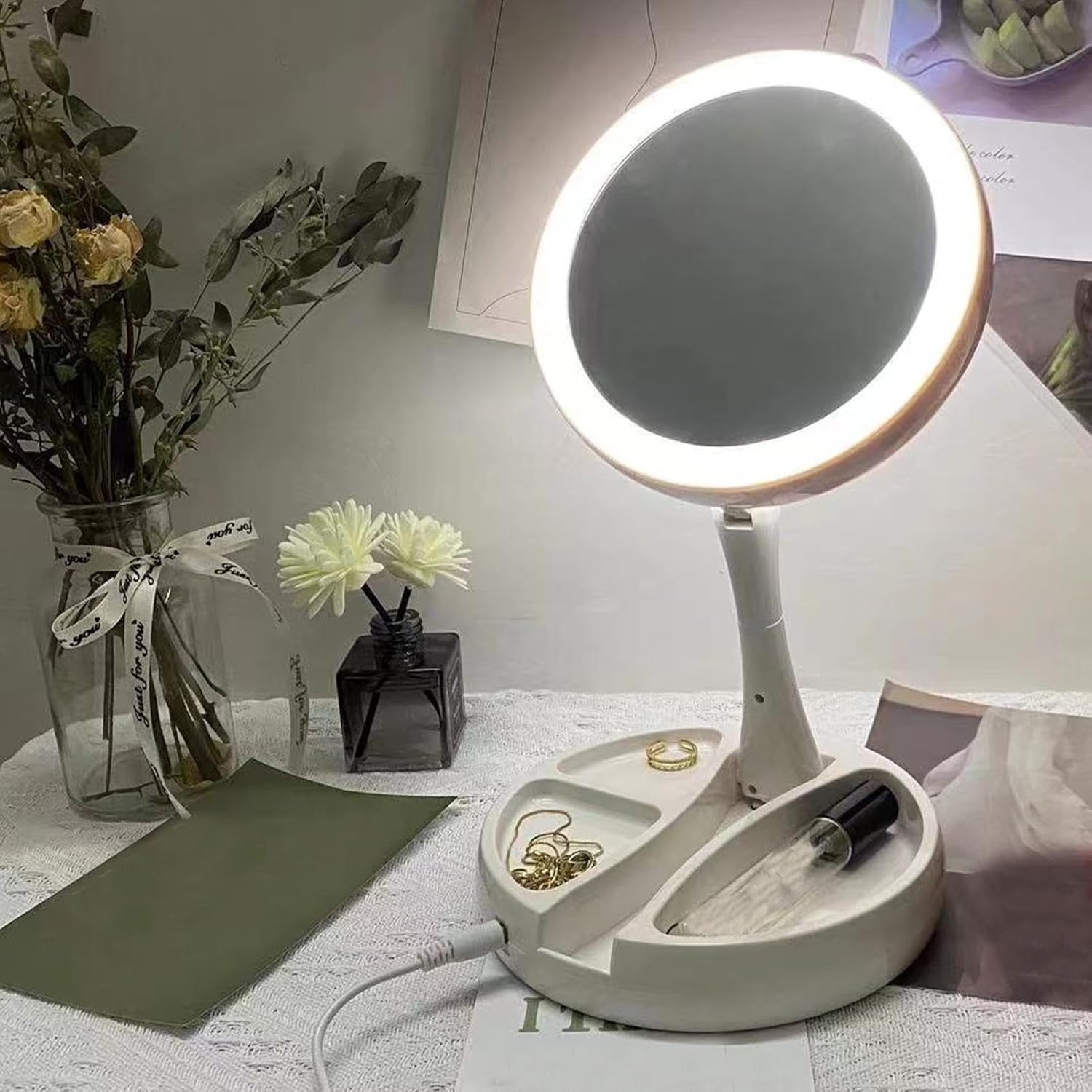 Miroir de maquillage de bureau Miroir de maquillage pliable | Miroir de maquillage pliable Miroir de maquillage rechargeable avec miroir de