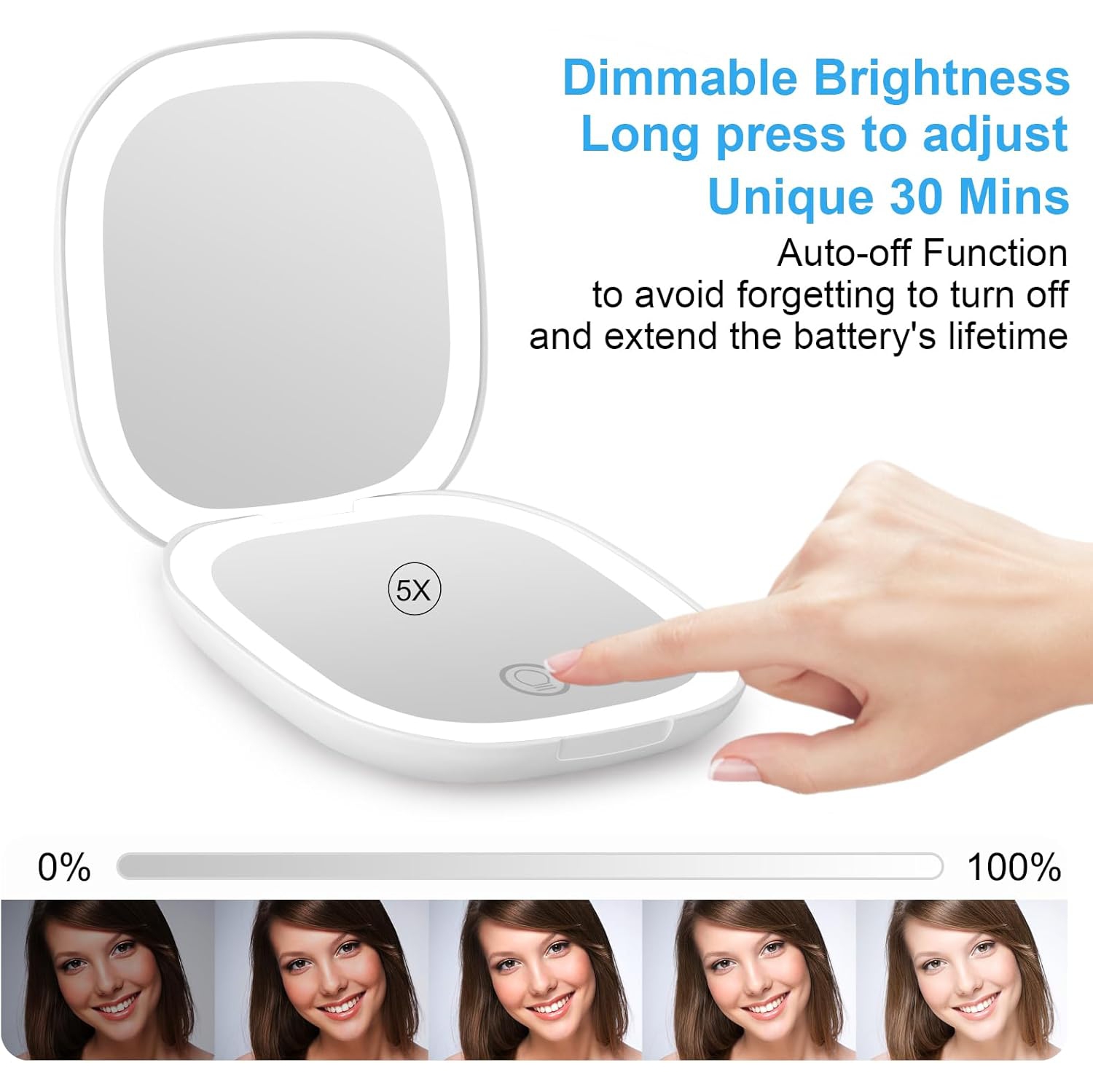 LED makeup mirror with light charging 5 times magnifying mirror portable folding small mirror pink