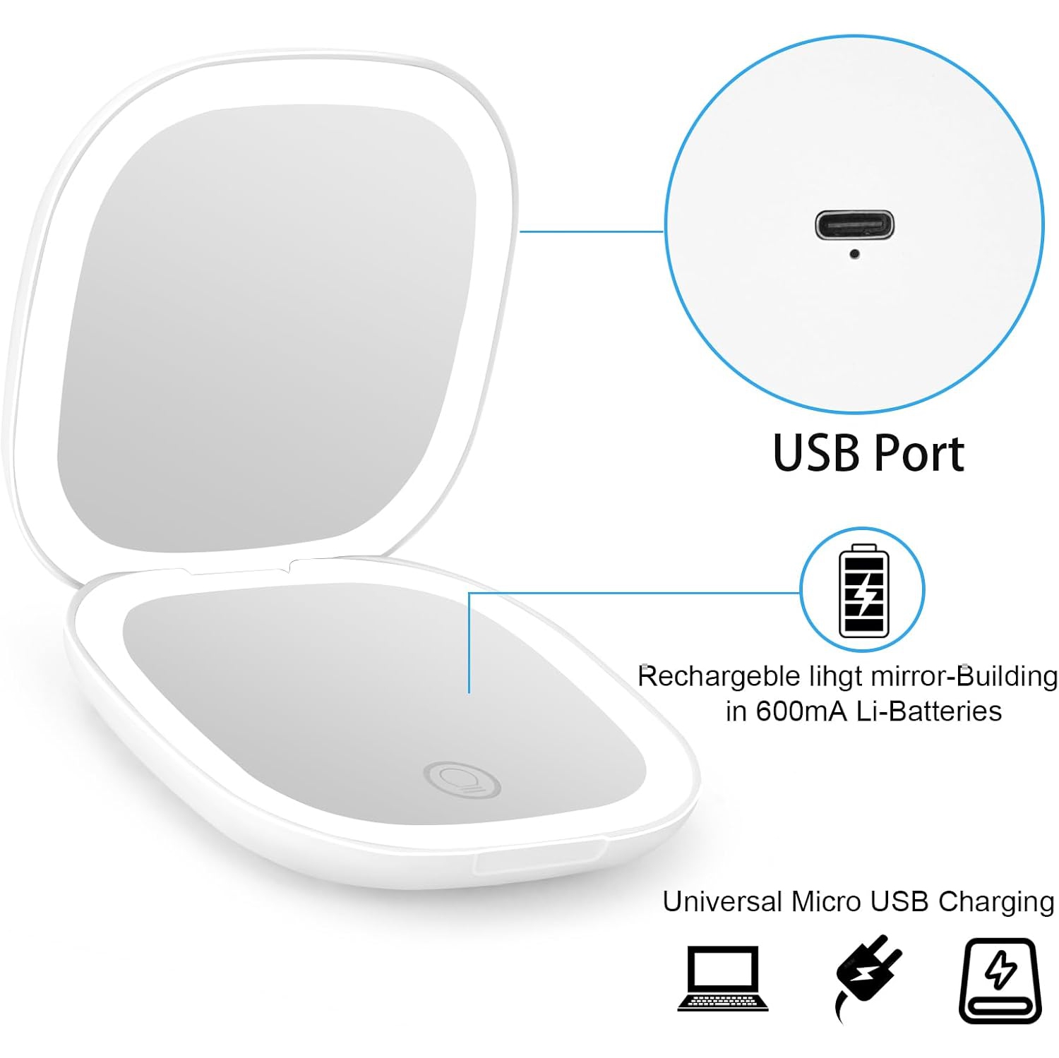LED makeup mirror with light charging 5 times magnifying mirror portable folding small mirror white
