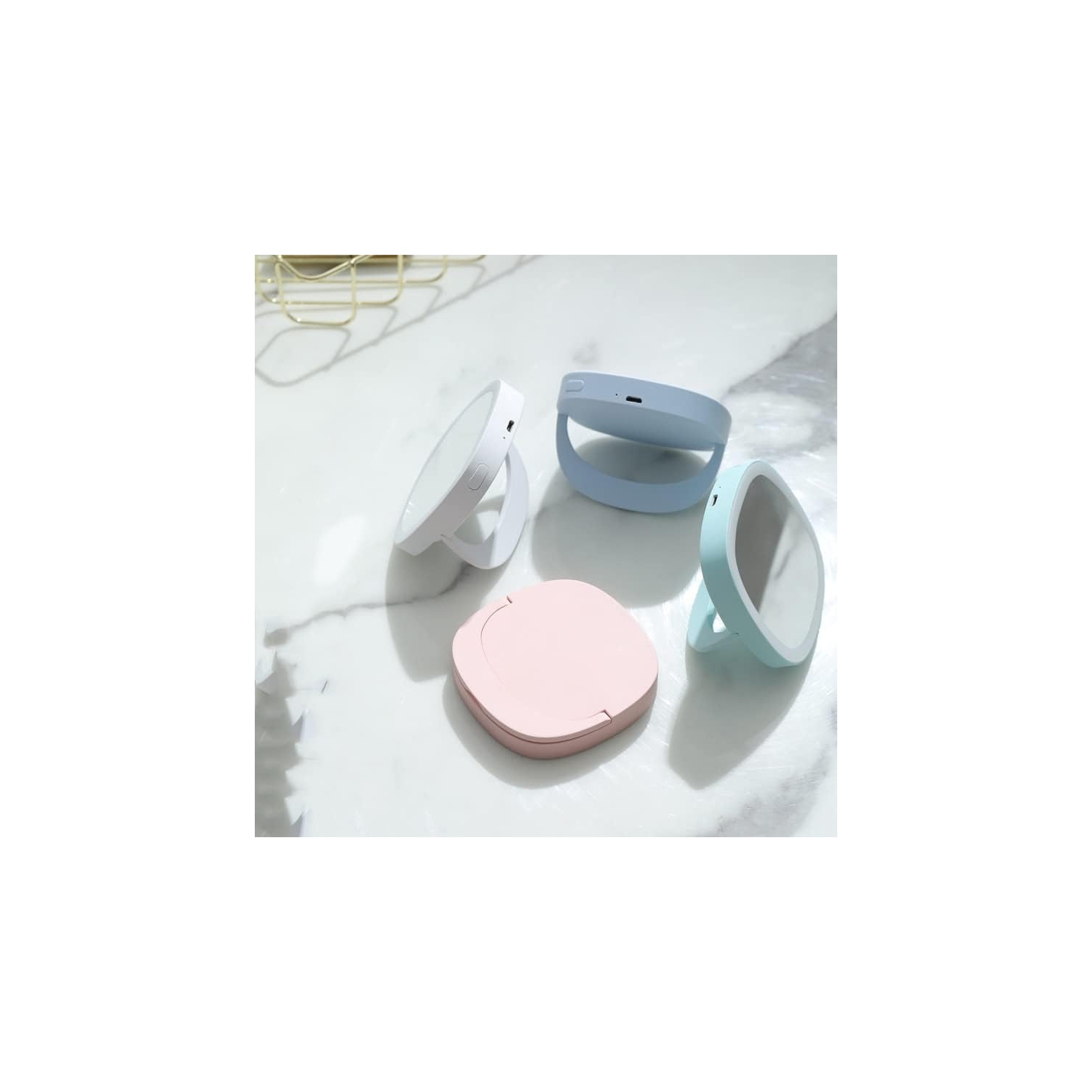 Miroir de maquillage portatif de beauté USB Veilleuse à main Miroir de maquillage de poche - Rose