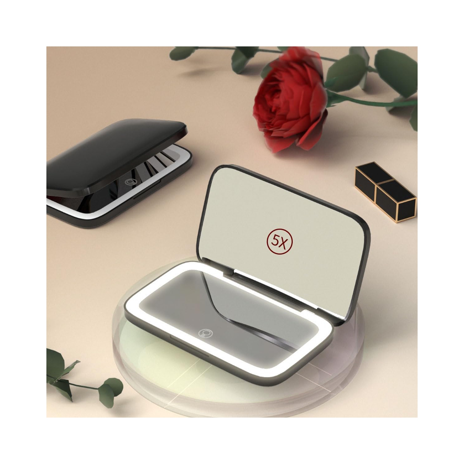 Miroir de maquillage LED, lampe portative double face, miroir de maquillage à grossissement 5x unilatéral - blanc