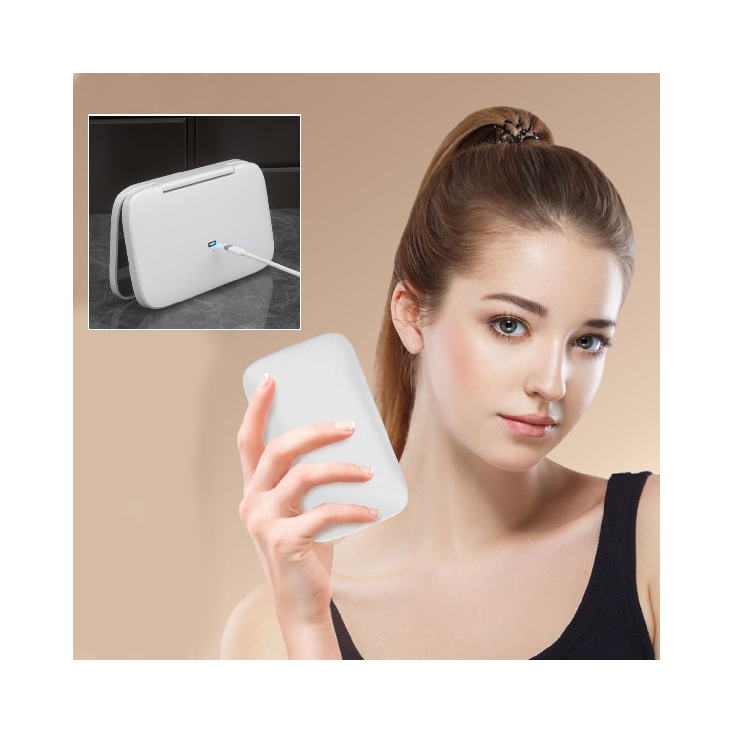 Miroir de maquillage LED, lampe portative double face, miroir de maquillage à grossissement 5x unilatéral - blanc