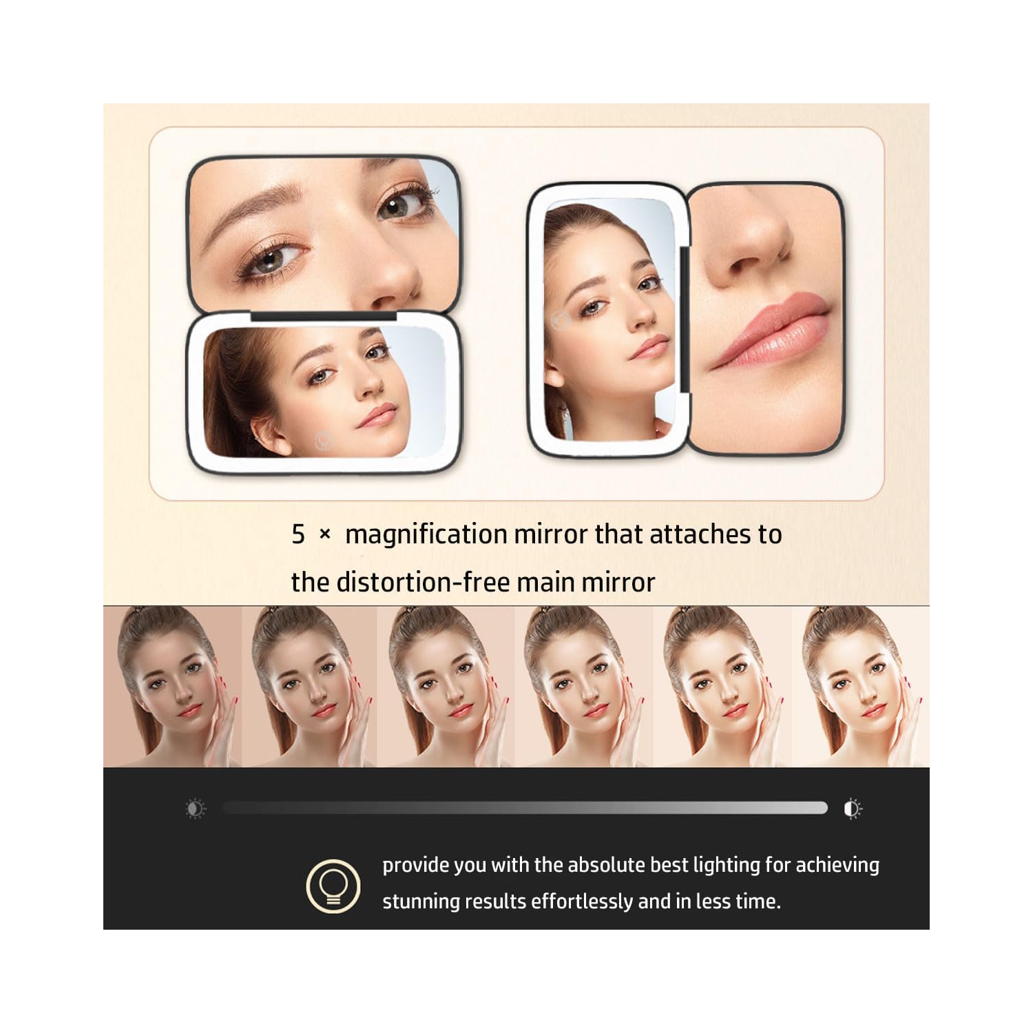 Miroir de maquillage LED, lampe portative double face, miroir de maquillage à grossissement 5x unilatéral - blanc