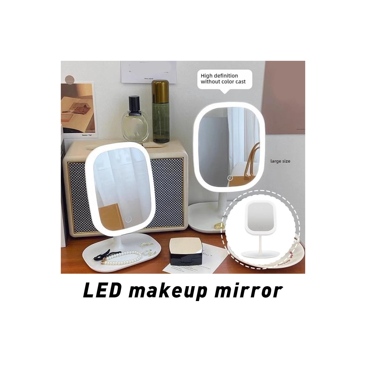 Miroir de maquillage carré illuminé HD à éclairage d'appoint LED