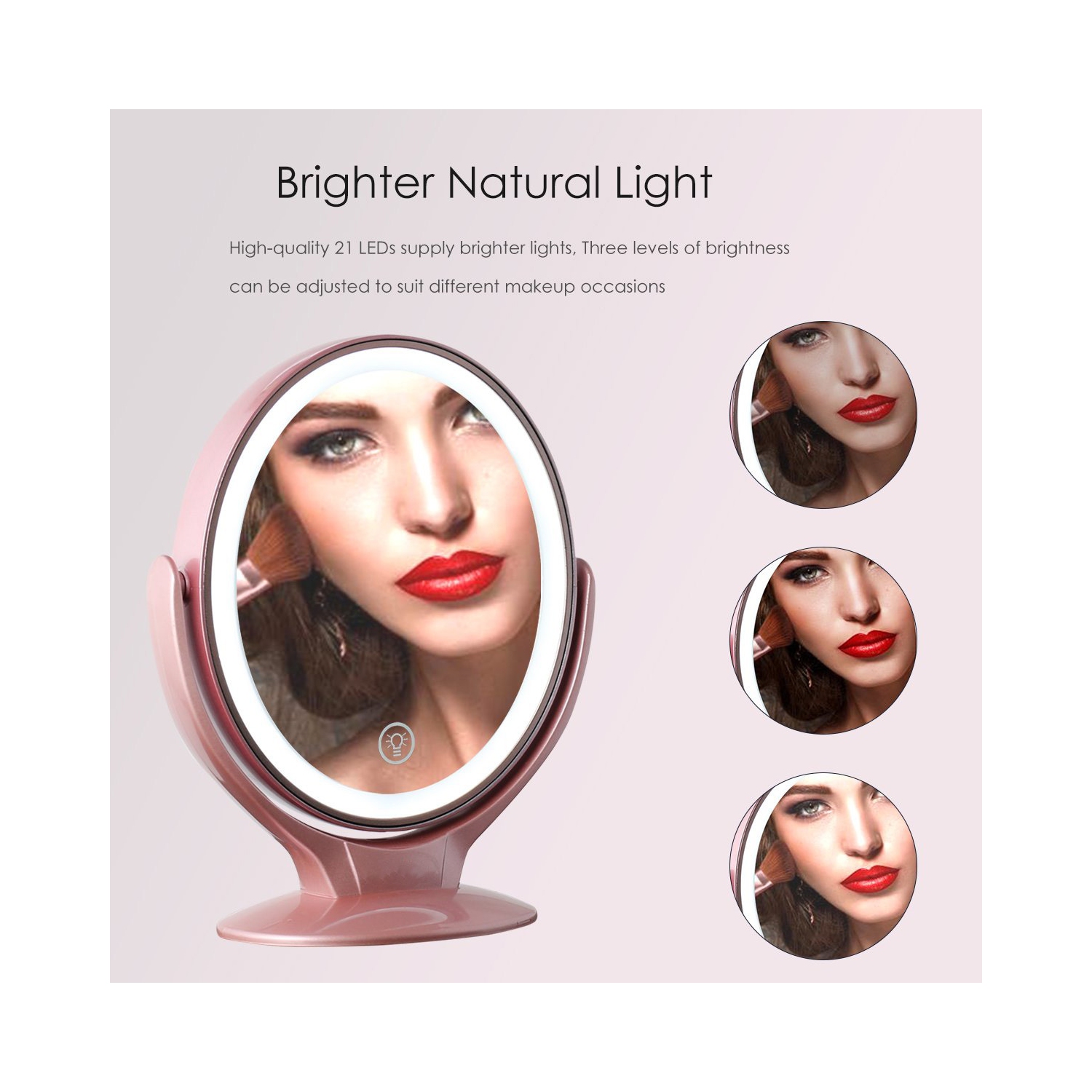 Miroir de maquillage de bureau LED avec miroir d'habillage portatif rotatif et léger - rose