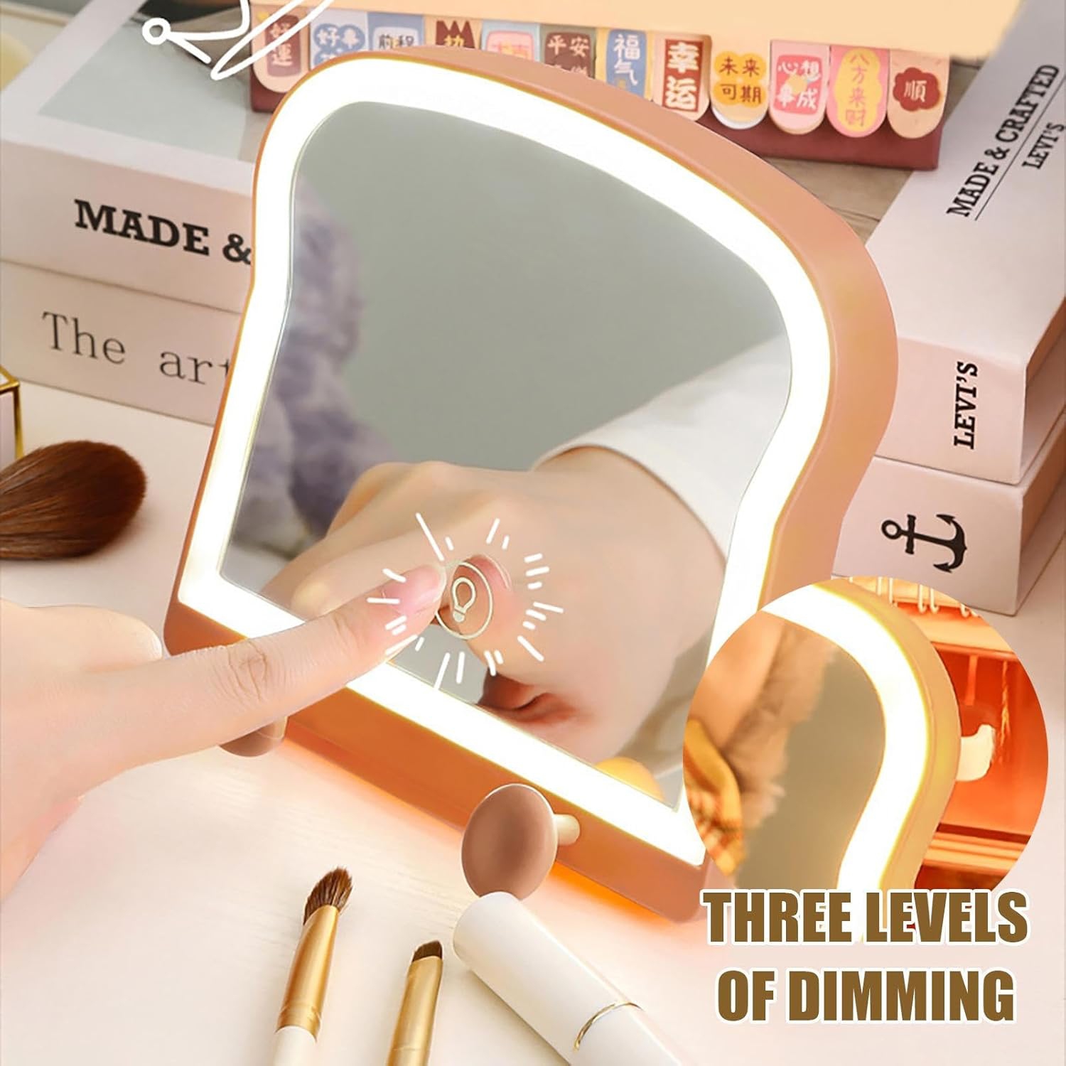 Miroir de maquillage de LED | Miroir de maquillage à 3 couleurs réglable Cute Toast Light avec miroir d'éclairage intelligent à commande tactile pour
