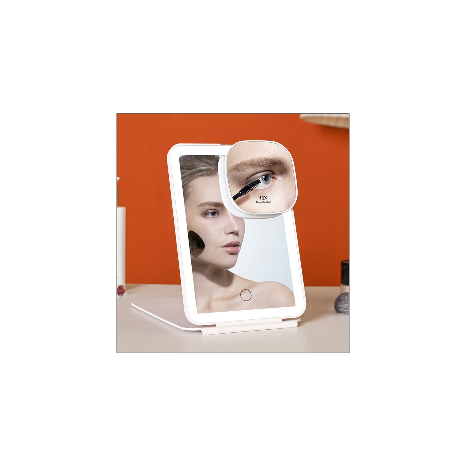 Miroir de maquillage de voyage rechargeable par USB, miroir de maquillage portatif à 3 couleurs, gradation progressive, angle réglable, blanc