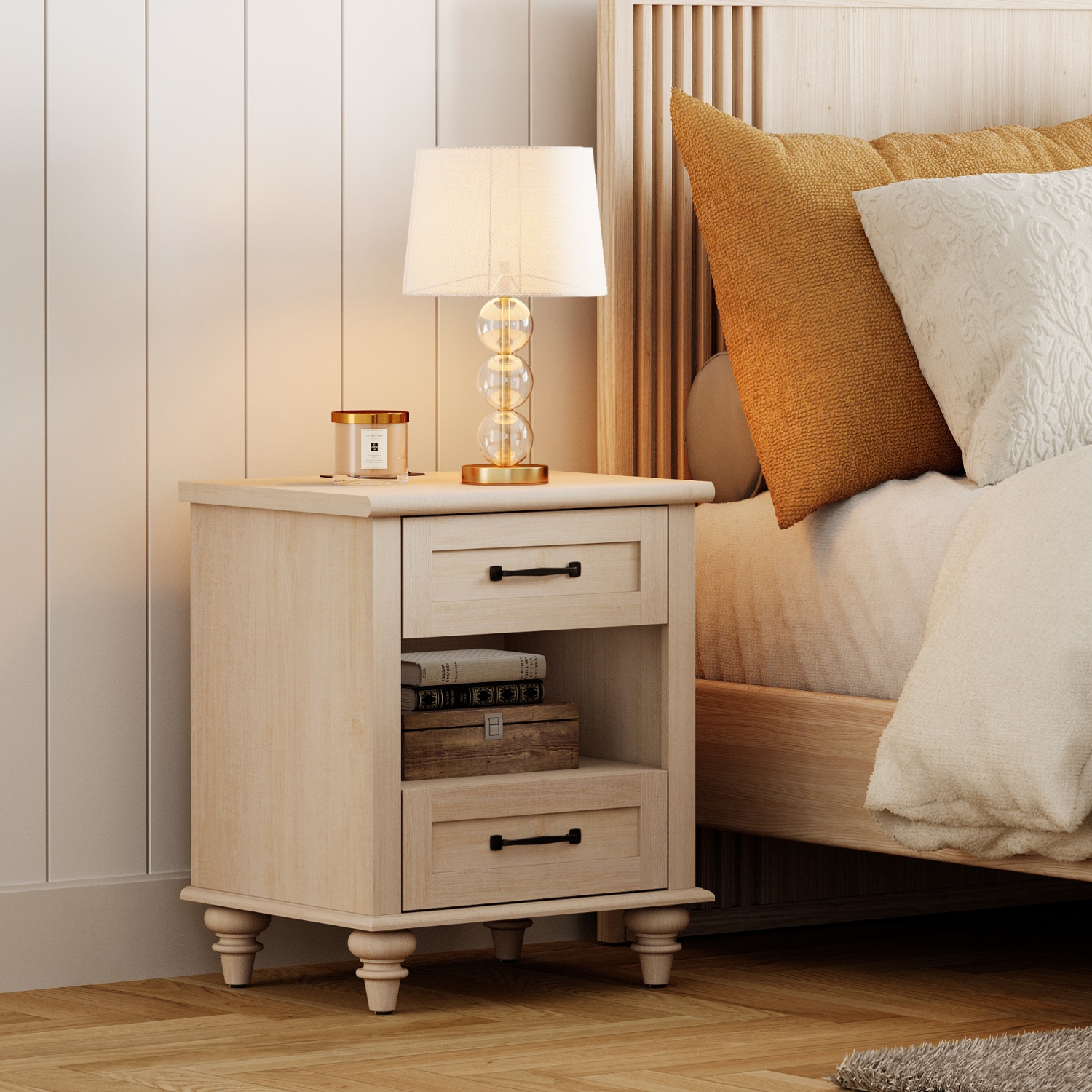 WAMPAT Beige Nightstand with Charging Station, Bedside Table with 2 Drawers & Shelf, Retro Night Stand with Solid Wood Feet, End Table for Bedroom,