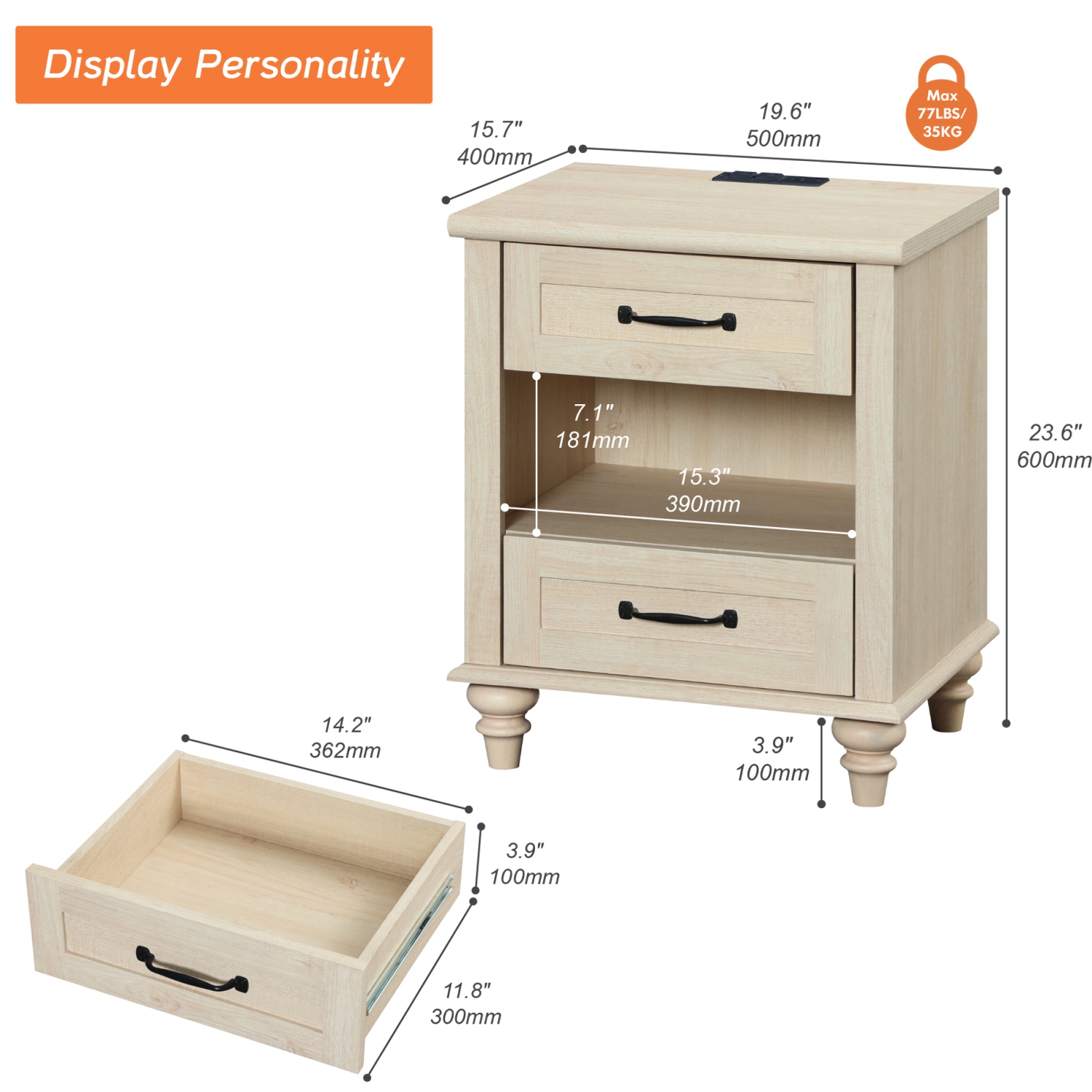 WAMPAT Beige Nightstand with Charging Station, Bedside Table with 2 Drawers & Shelf, Retro Night Stand with Solid Wood Feet, End Table for Bedroom,