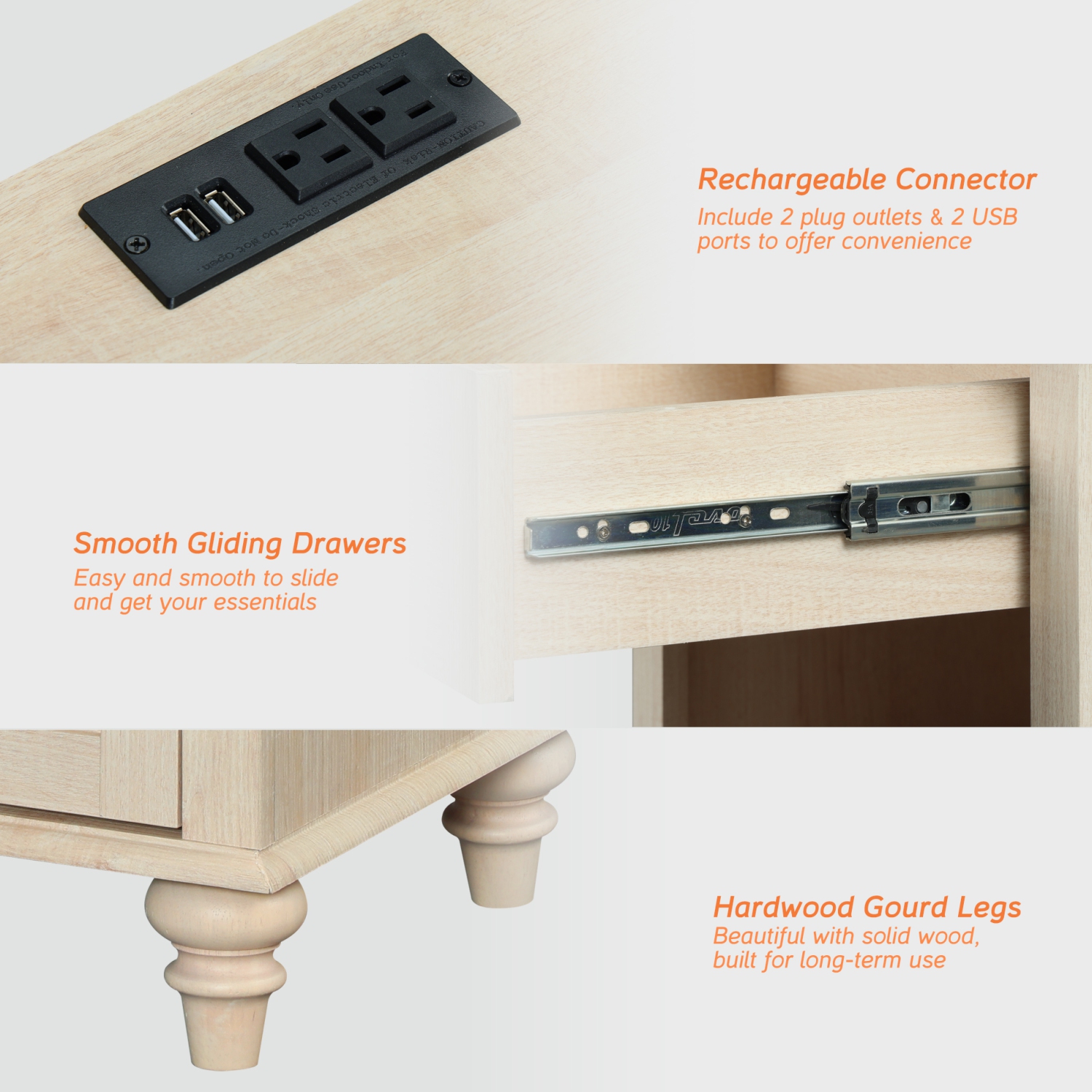 WAMPAT Beige Nightstand with Charging Station, Bedside Table with 2 Drawers & Shelf, Retro Night Stand with Solid Wood Feet, End Table for Bedroom,