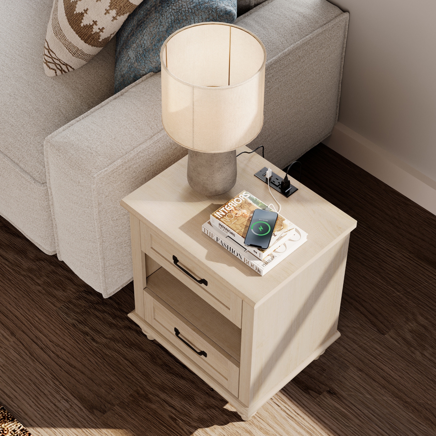WAMPAT Beige Nightstand with Charging Station, Bedside Table with 2 Drawers & Shelf, Retro Night Stand with Solid Wood Feet, End Table for Bedroom,