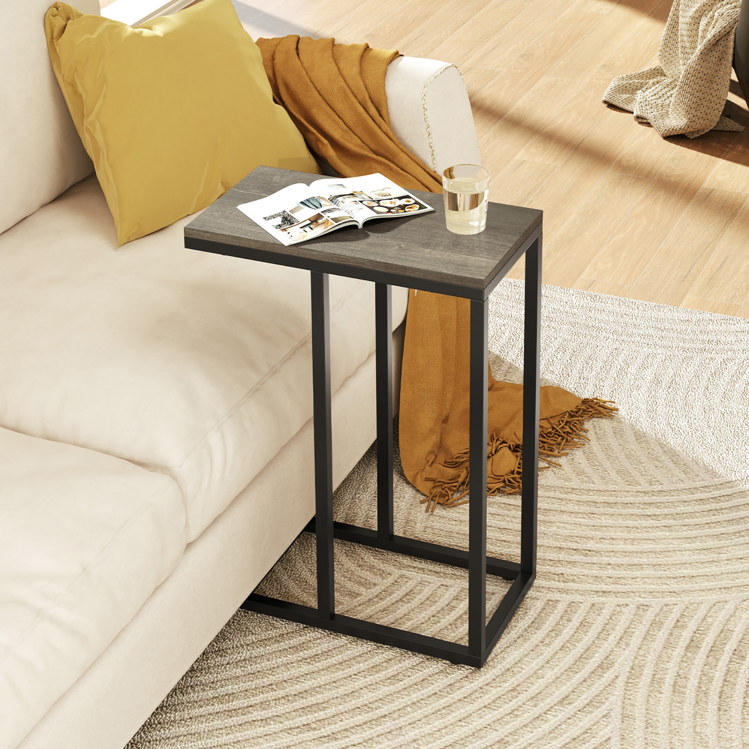 Gymax C-shaped End Table Modern Sofa Side Table w/ Adjustable Foot Pads Rustic