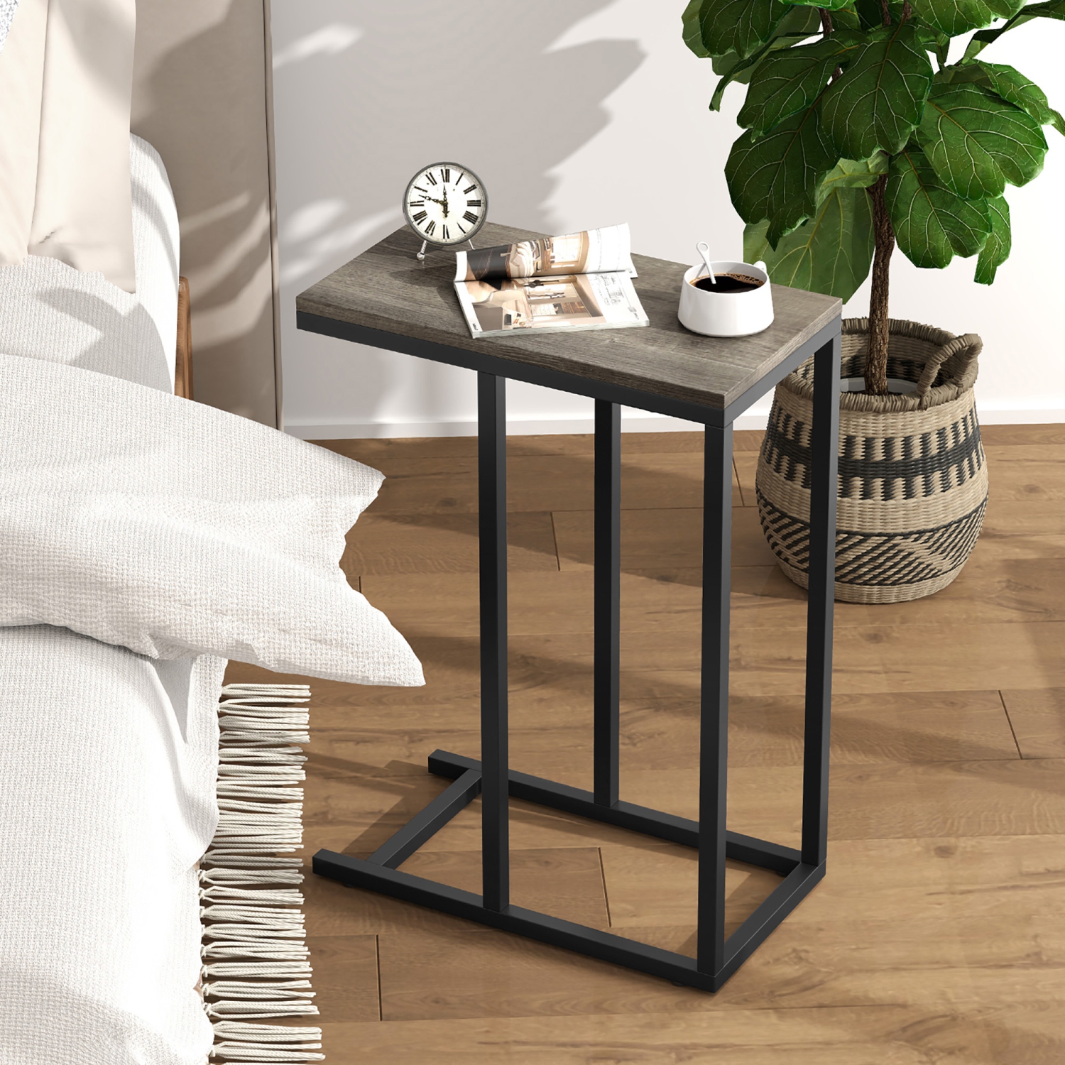 Gymax C-shaped End Table Modern Sofa Side Table w/ Adjustable Foot Pads Rustic