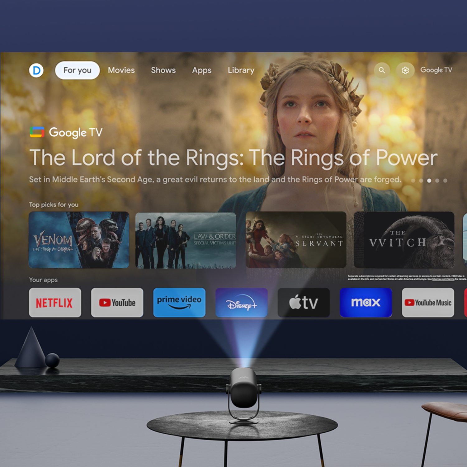 Dangbei Freedo - GoogleTV Portable Projector with Stand, Netflix, Battery-Powered, 450 ISO Lumens, Wi-Fi and Bluetooth